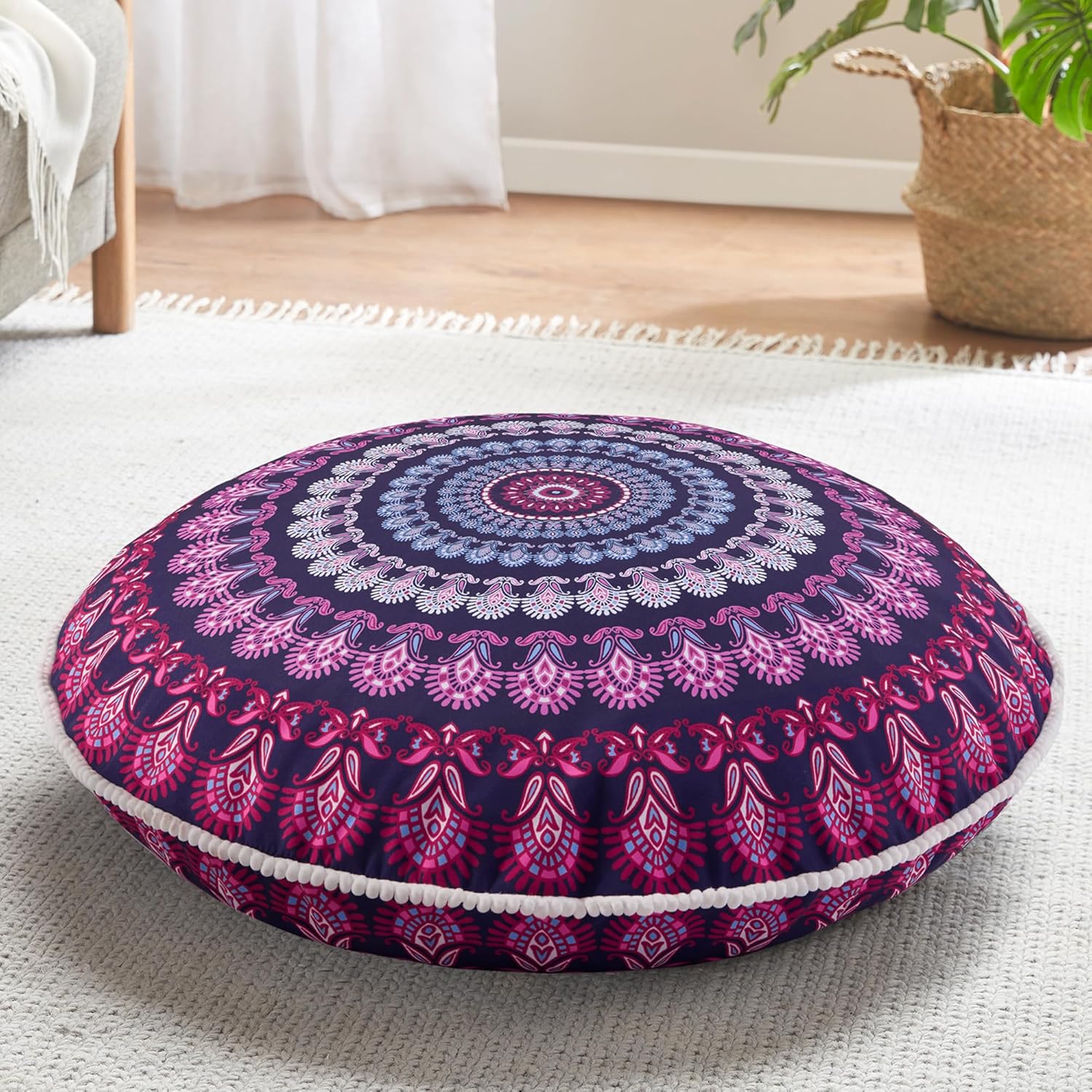 Codi Meditation Floor Pillow Set of 2, Round Large Pillows Seating for Adults, Bohemian Mandala Circle Cushion for Outdoor Fireplace Yoga Living Room, 32 Inch, Memory Foam Added, Navy
