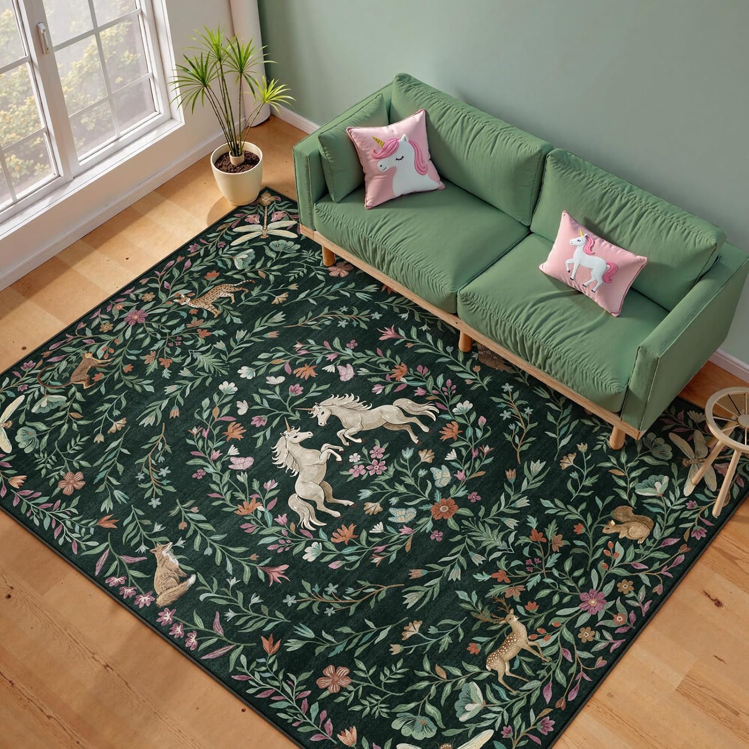Machine Washable 5x7 Area Rugs for Living Room, Non Slip Soft Low Pile Unicorn Floral Farmhouse Moroccan Vintage Animal Playroom Girls Rugs for Bedroom, Carpet Rugs for Nurseries(Forest Green5'x7')