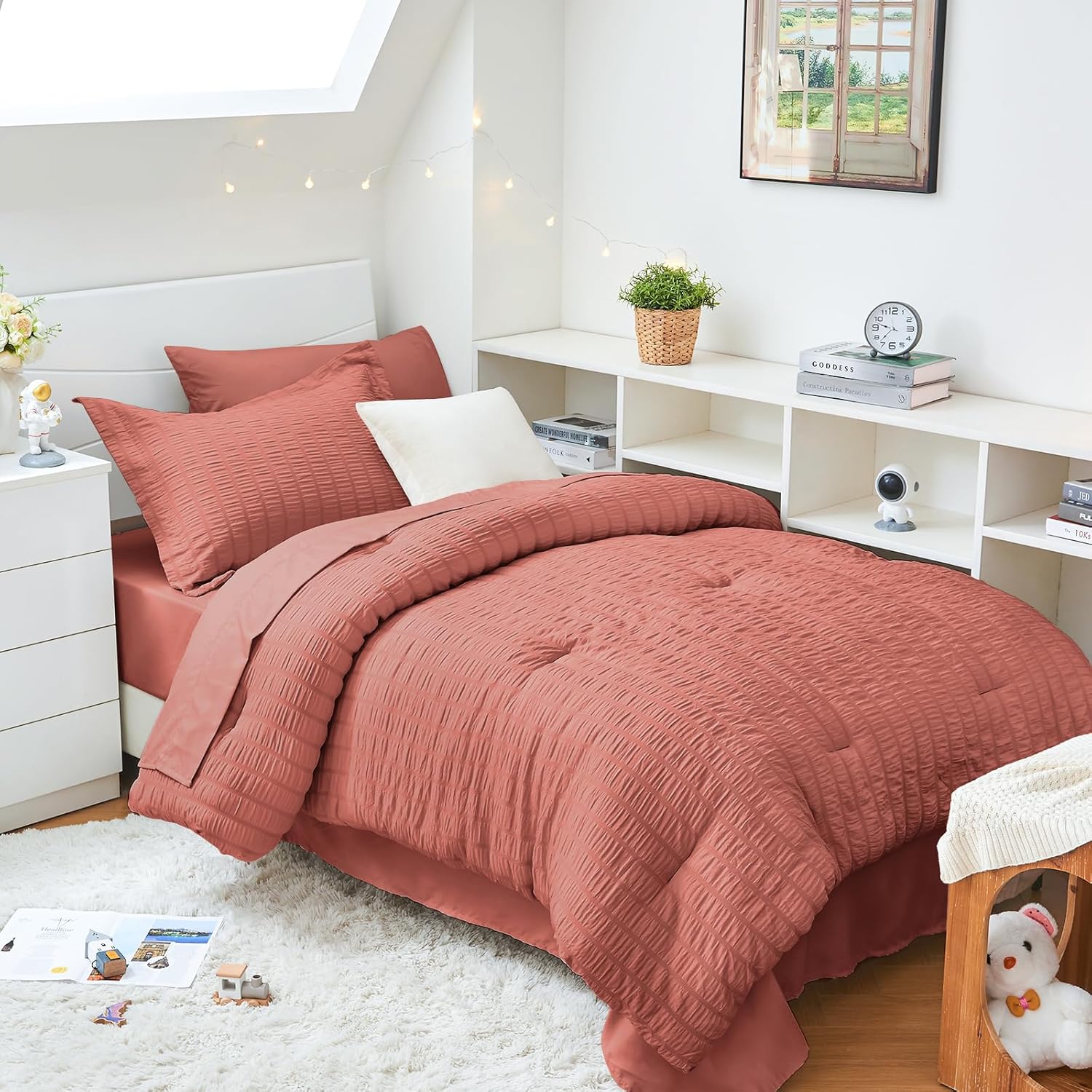 HYMOKEGE Queen Comforter Set Seersucker 7 Pieces, All Season Luxury Bed in a Bag for Bedroom, Bedding Set with Comforters, Sheets, Pillowcases & Shams, Dark Grey