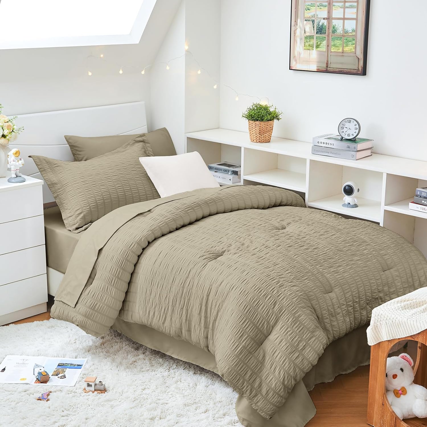 HYMOKEGE Queen Comforter Set Seersucker 7 Pieces, All Season Luxury Bed in a Bag for Bedroom, Bedding Set with Comforters, Sheets, Pillowcases & Shams, Dark Grey