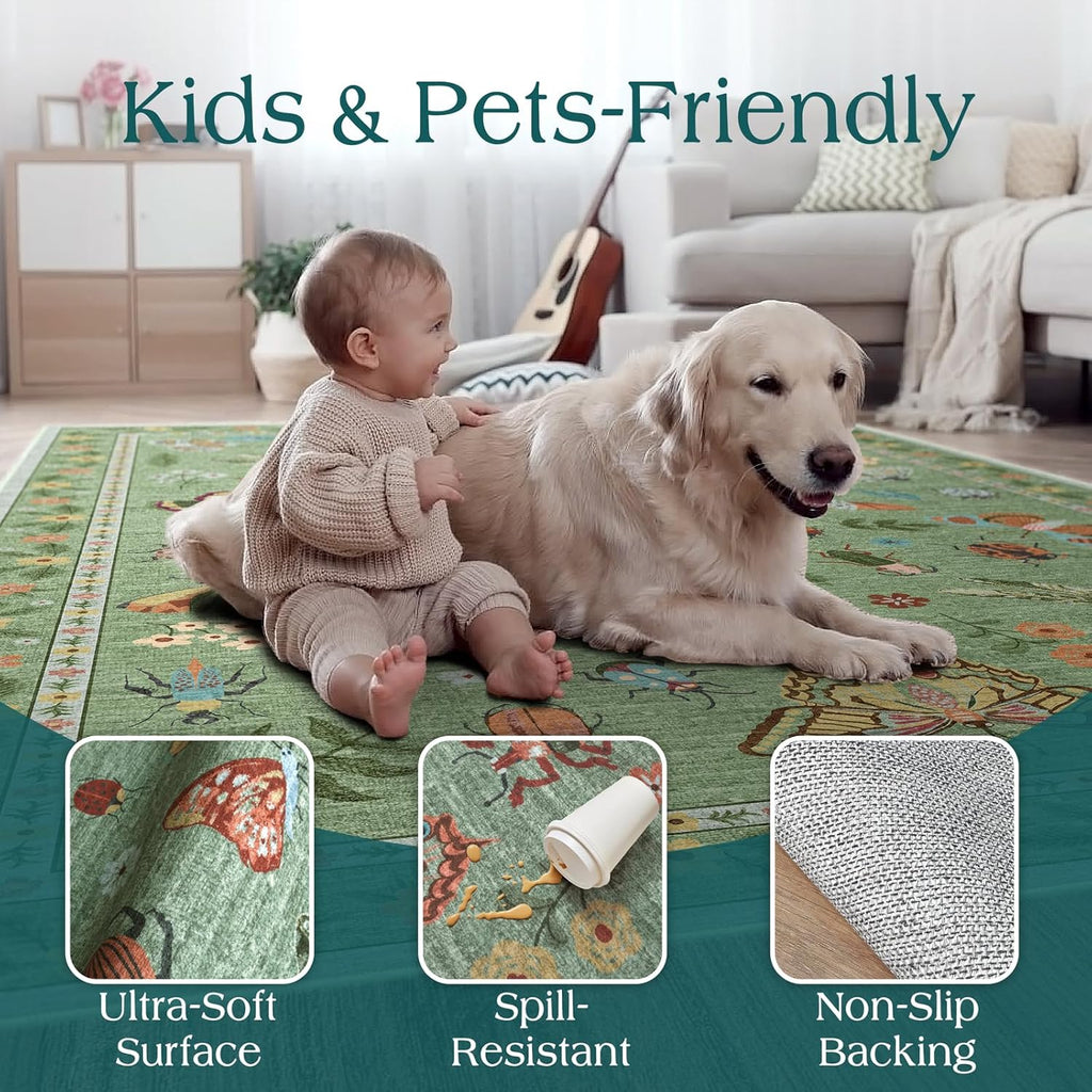 Floral 5x8 Living Room Area Rug - Sage Green Soft Washable Boho Rugs for Bedroom Aesthetic Stain Resistant Carpet Non Slip Modern Insect Print Rugs for Living Room Dining Room Kids Room Office
