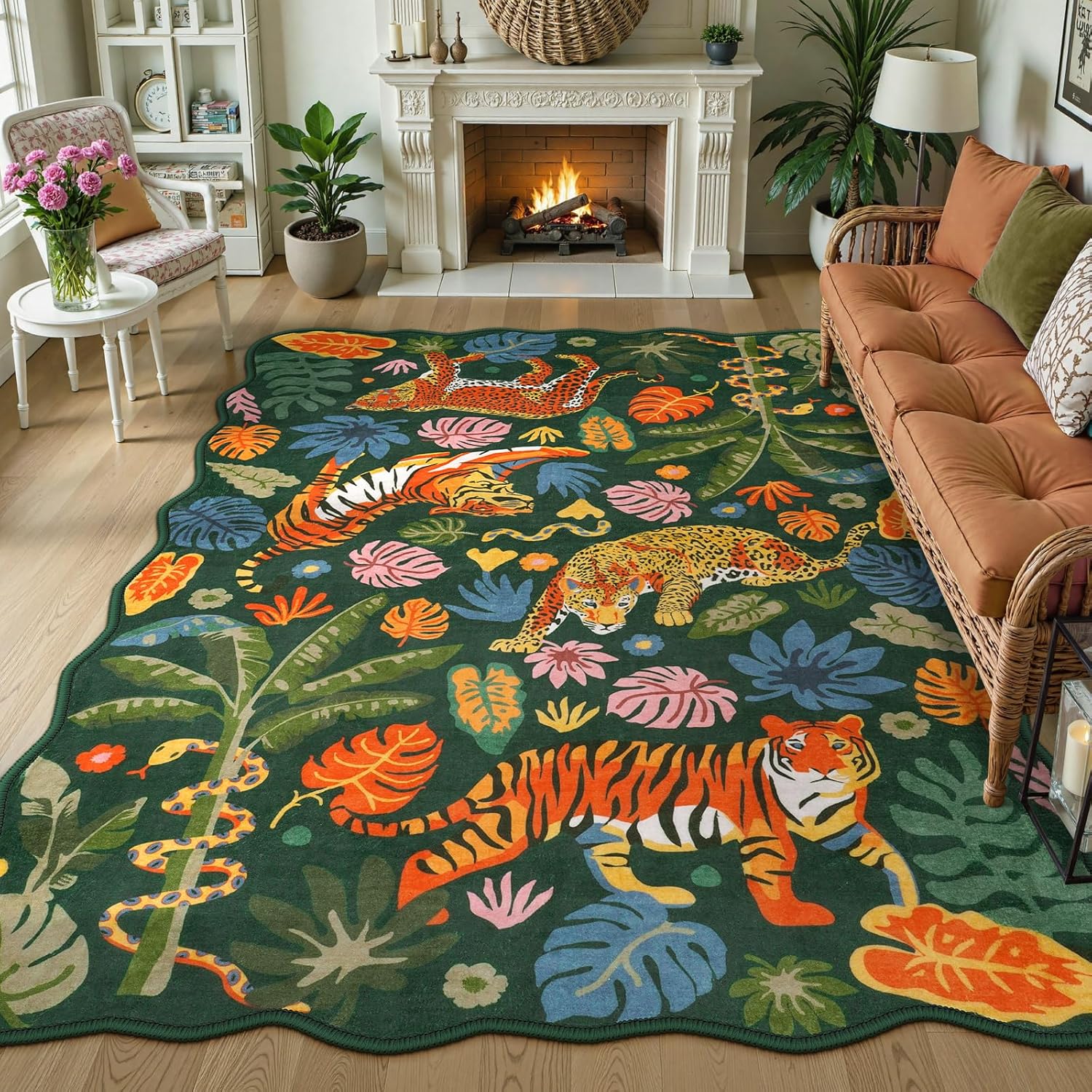 LEEVAN 5x7 Animal Area Rugs Washable Green Tiger Living Room Rugs Non Slip Scalloped Tiger Bedroom Rug Low Pile Leopard Nursery Floor Carpet Jungle Leaf Print Kids Rug