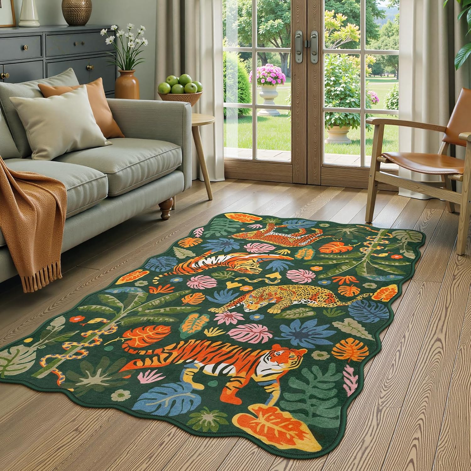 LEEVAN 5x7 Animal Area Rugs Washable Green Tiger Living Room Rugs Non Slip Scalloped Tiger Bedroom Rug Low Pile Leopard Nursery Floor Carpet Jungle Leaf Print Kids Rug