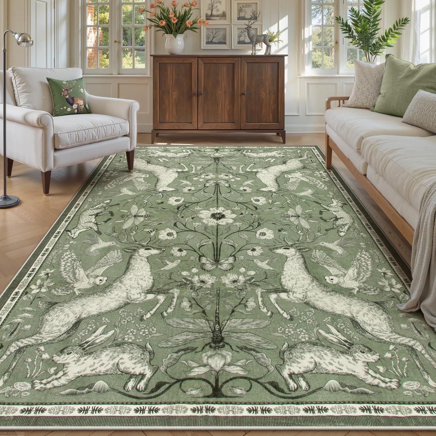 Lahome Boho Animal Washable Rugs for Living Room 8x10, Green Soft Rugs for Bedroom, Botanical Large Boho Non Slip Dining Room Carpet for Under Table Office Kids Playroom (8x10ft,Green)