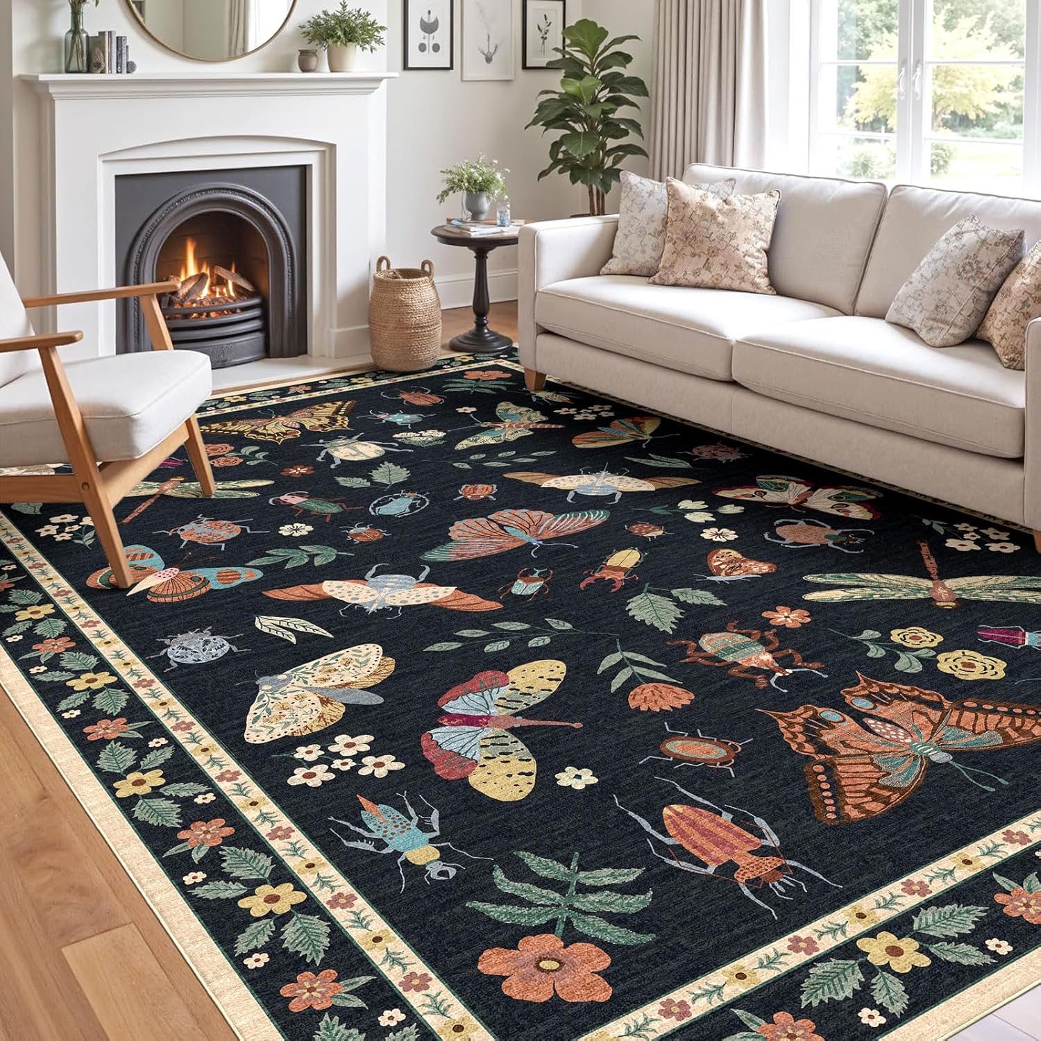Floral 5x8 Living Room Area Rug - Sage Green Soft Washable Boho Rugs for Bedroom Aesthetic Stain Resistant Carpet Non Slip Modern Insect Print Rugs for Living Room Dining Room Kids Room Office