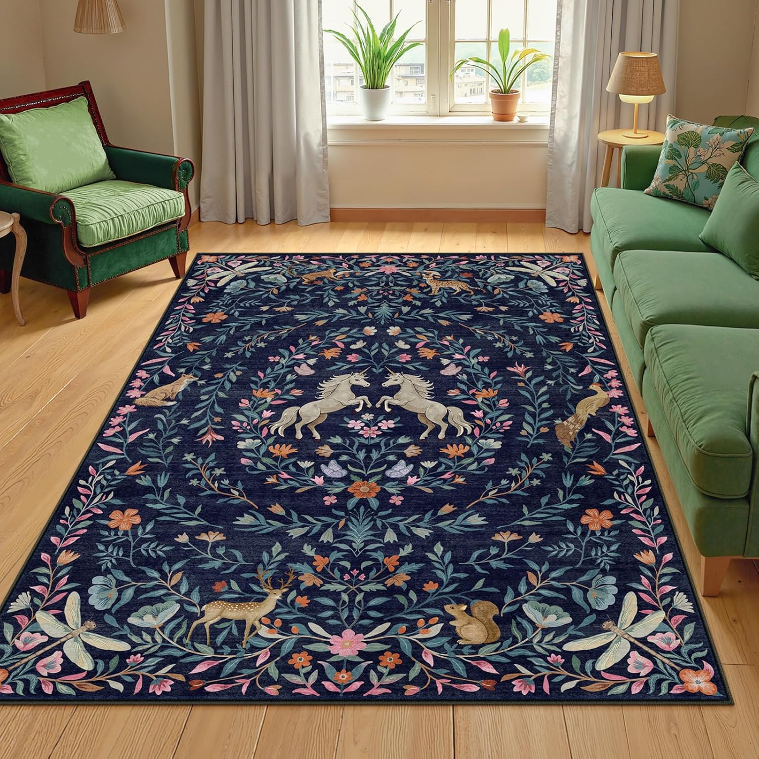 Machine Washable 5x7 Area Rugs for Living Room, Non Slip Soft Low Pile Unicorn Floral Farmhouse Moroccan Vintage Animal Playroom Girls Rugs for Bedroom, Carpet Rugs for Nurseries(Forest Green5'x7')