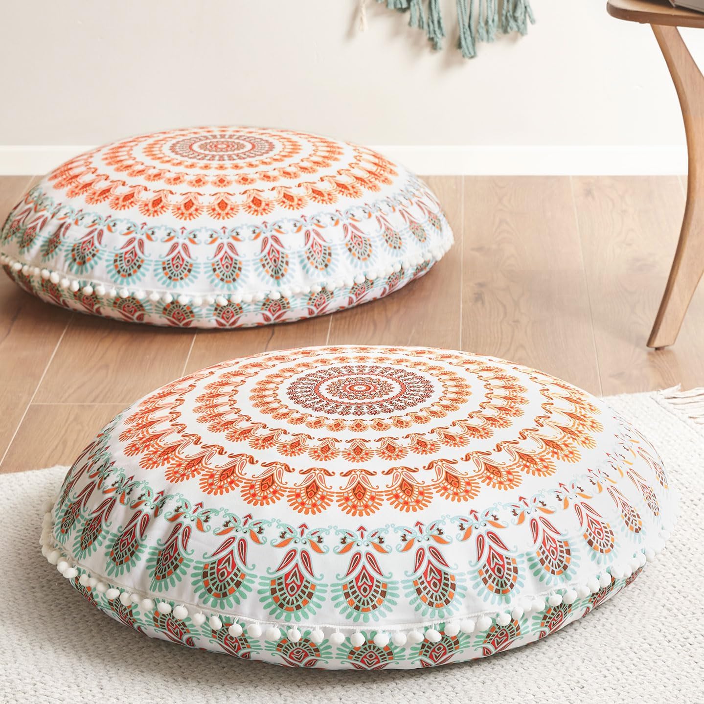 Codi Meditation Floor Pillow Set of 2, Round Large Pillows Seating for Adults, Bohemian Mandala Circle Cushion for Outdoor Fireplace Yoga Living Room, 32 Inch, Memory Foam Added, Navy
