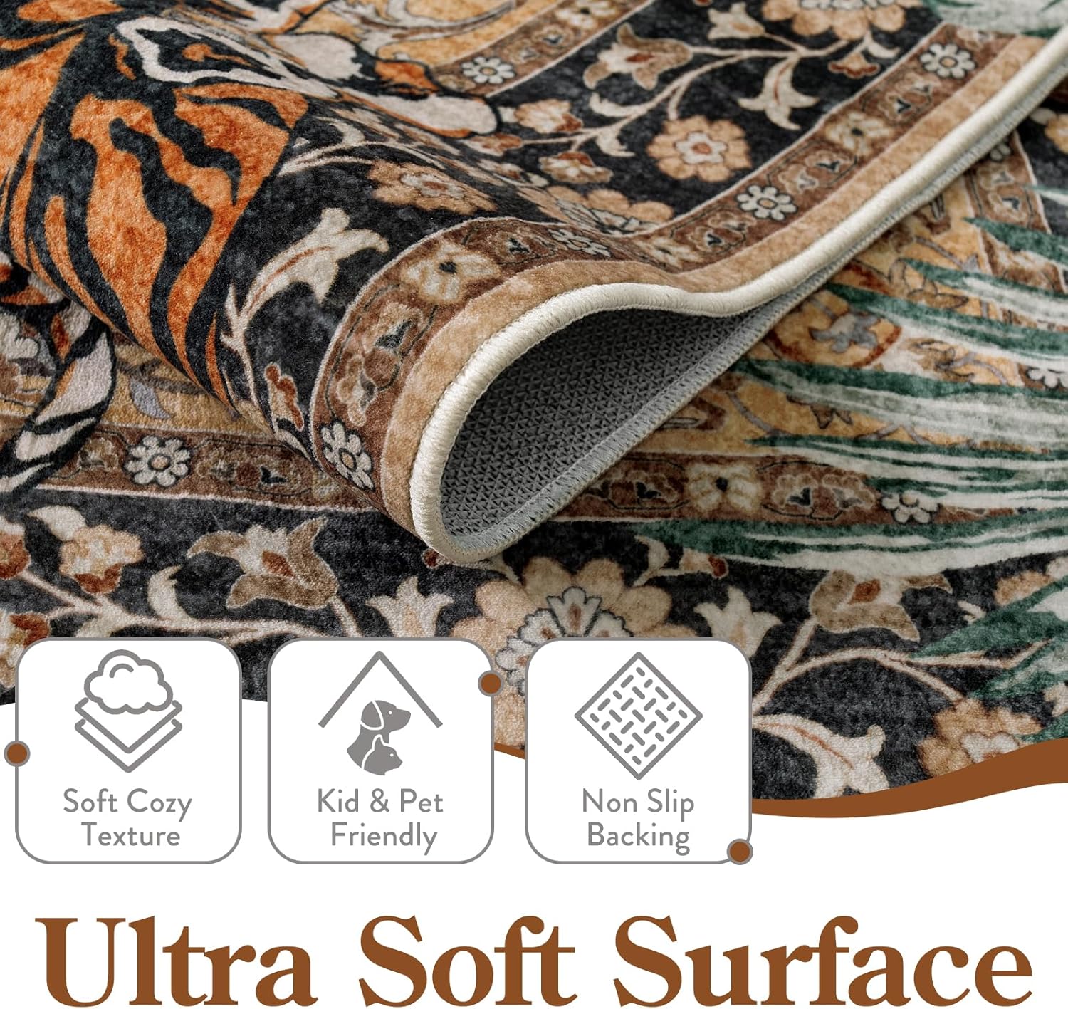 Moynesa Tiger 5x7 Area Rugs, Boho Washable Rugs for Living Room, Vintage Soft Dining Room Rug, Non Slip Ultra Thin Stain Resistant Large Floor Carpet for Office Bedroom, Camel