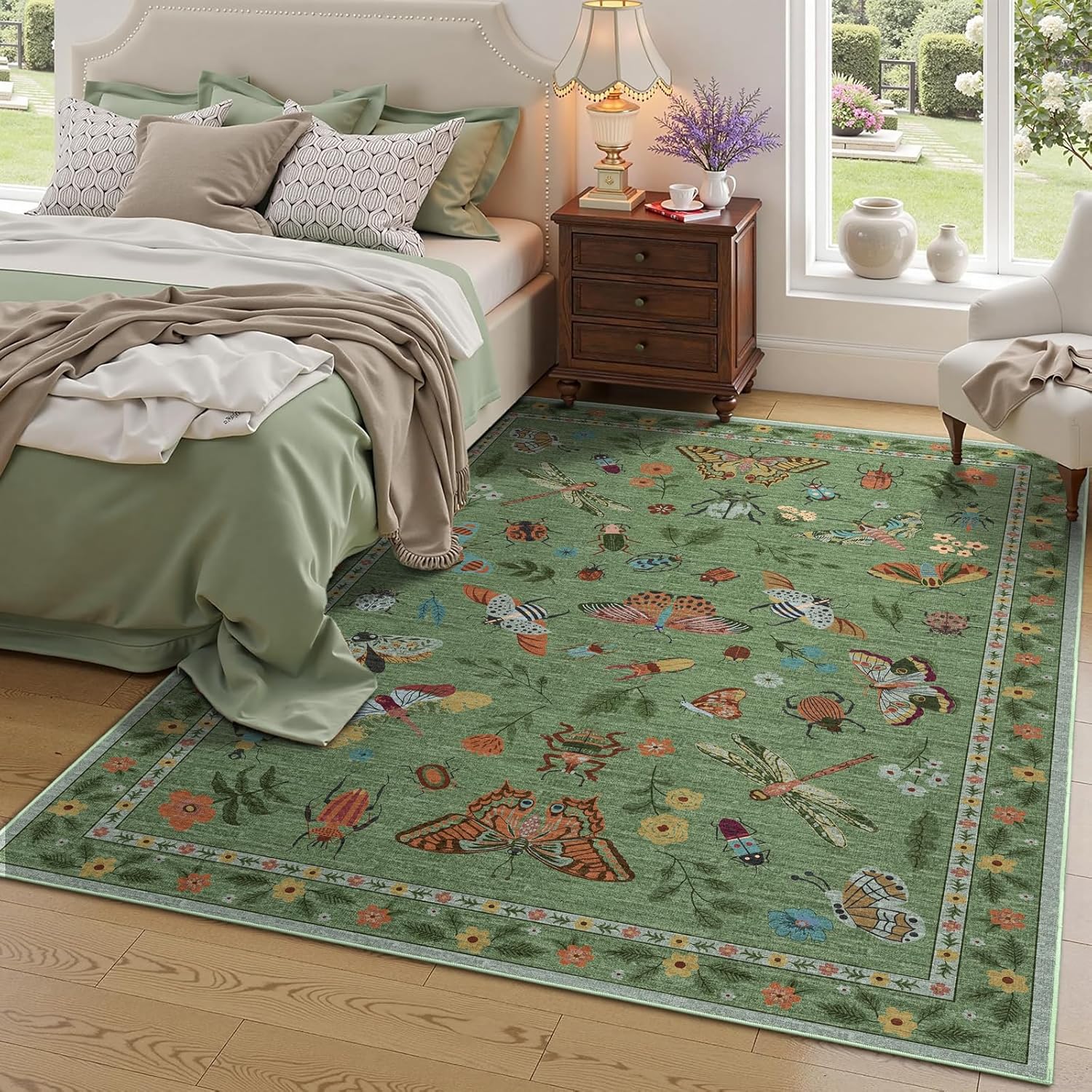 Floral 5x8 Living Room Area Rug - Sage Green Soft Washable Boho Rugs for Bedroom Aesthetic Stain Resistant Carpet Non Slip Modern Insect Print Rugs for Living Room Dining Room Kids Room Office