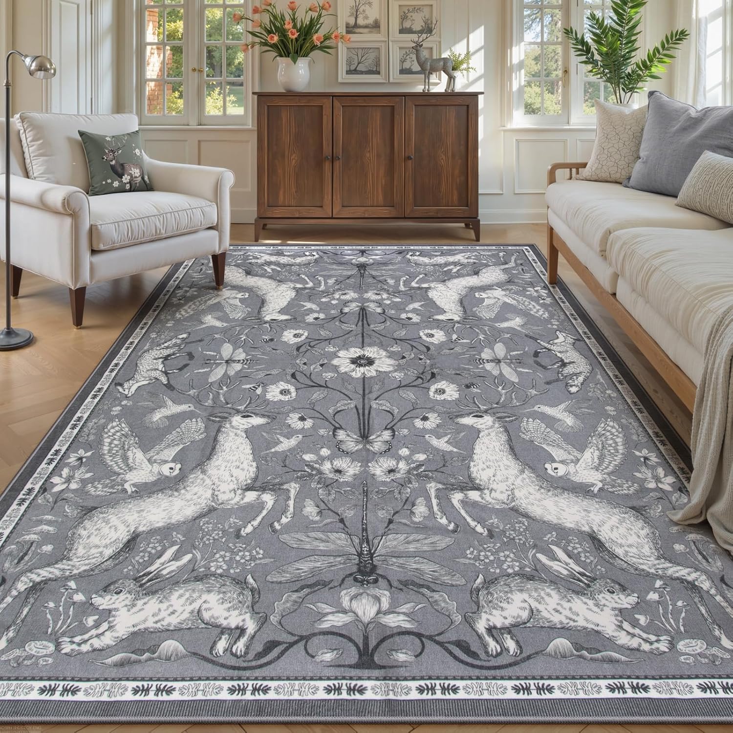 Lahome Boho Animal Washable Rugs for Living Room 8x10, Green Soft Rugs for Bedroom, Botanical Large Boho Non Slip Dining Room Carpet for Under Table Office Kids Playroom (8x10ft,Green)