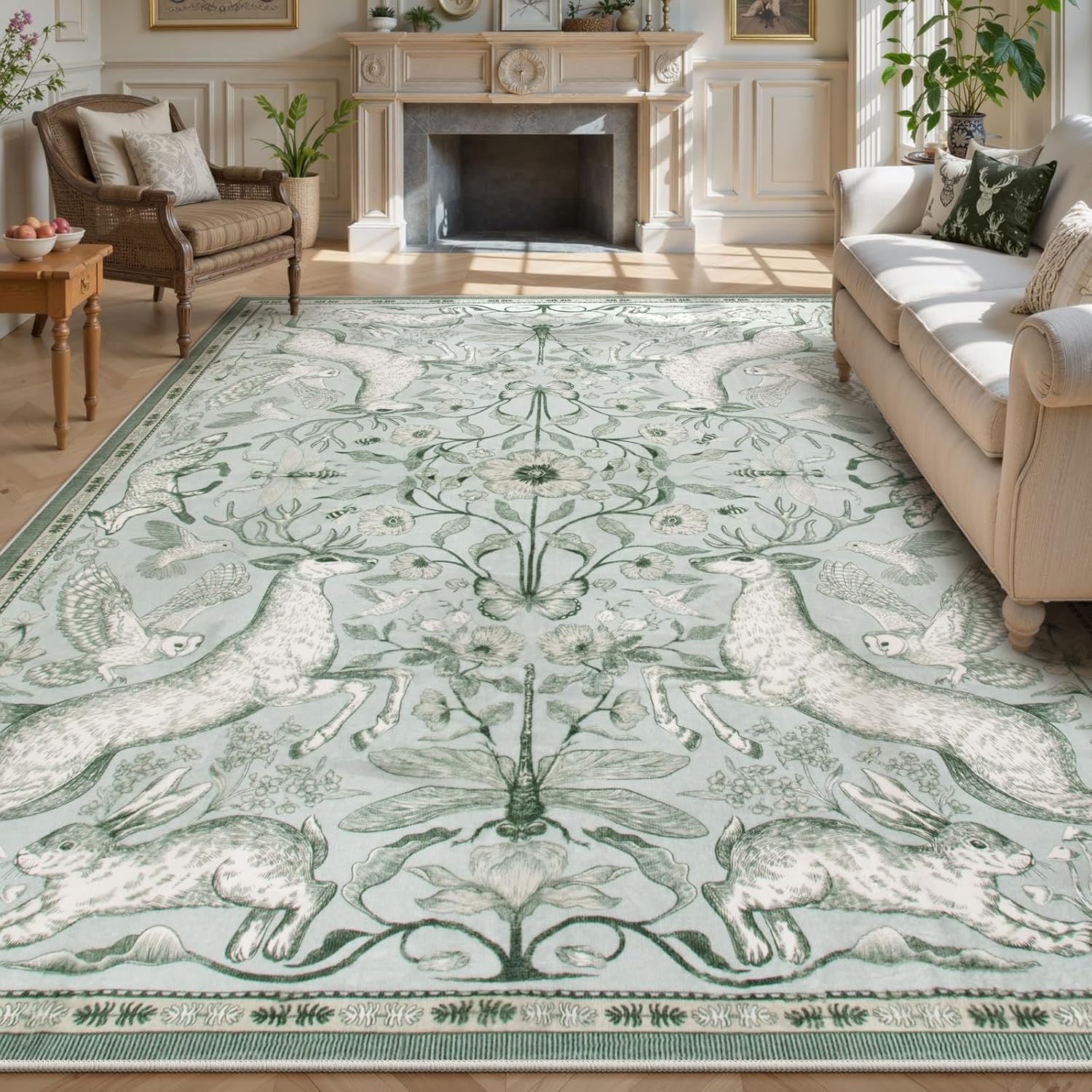 Lahome Boho Animal Washable Rugs for Living Room 8x10, Green Soft Rugs for Bedroom, Botanical Large Boho Non Slip Dining Room Carpet for Under Table Office Kids Playroom (8x10ft,Green)