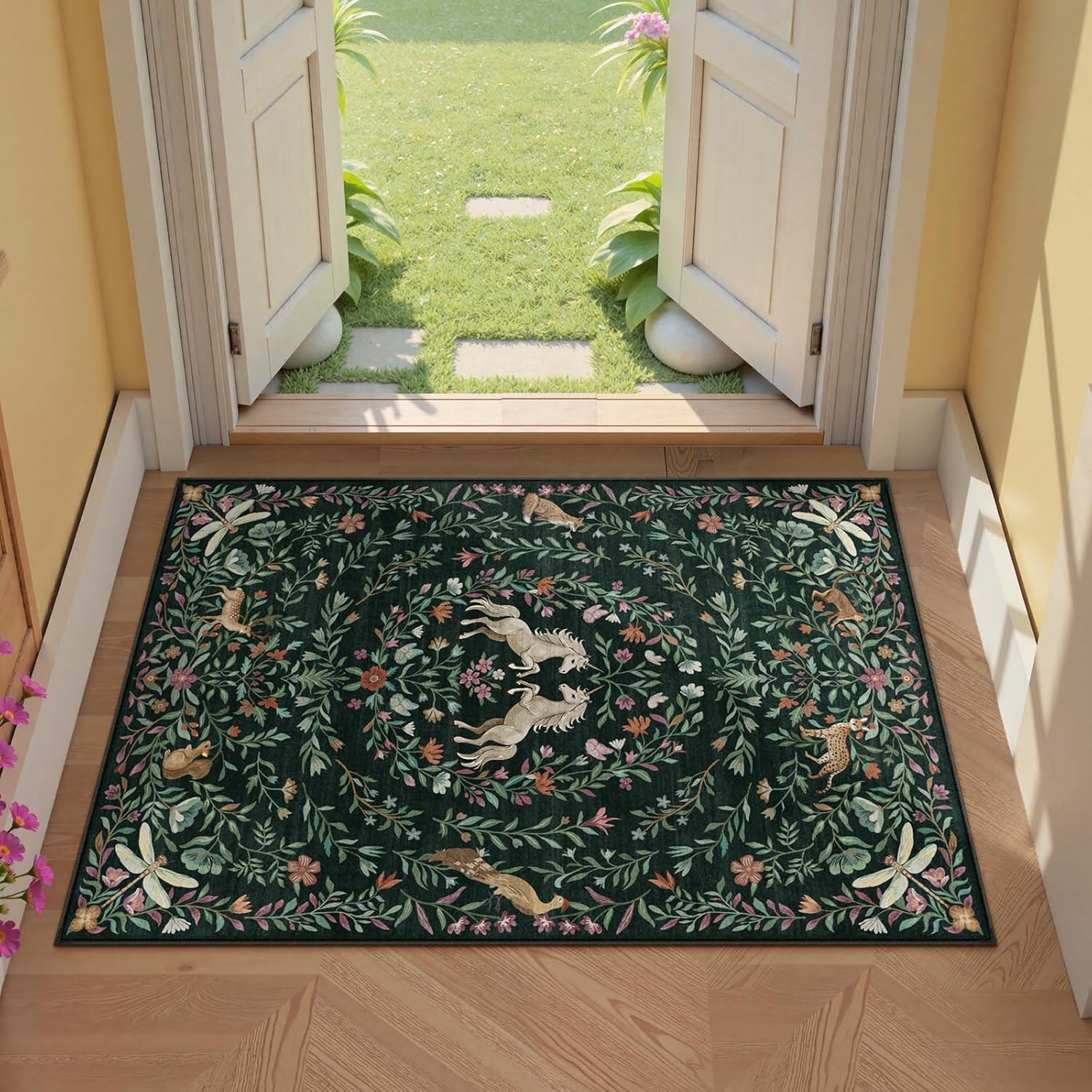 Machine Washable 5x7 Area Rugs for Living Room, Non Slip Soft Low Pile Unicorn Floral Farmhouse Moroccan Vintage Animal Playroom Girls Rugs for Bedroom, Carpet Rugs for Nurseries(Forest Green5'x7')