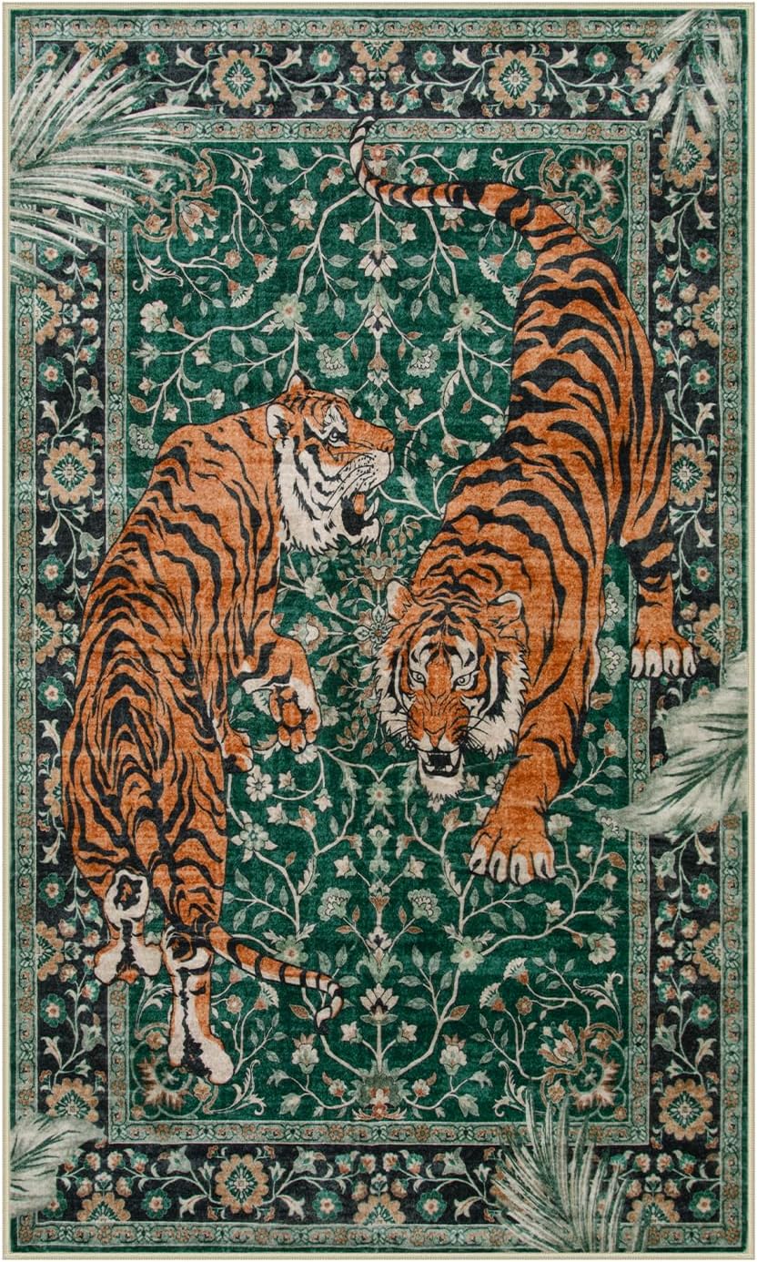 Moynesa Tiger 5x7 Area Rugs, Boho Washable Rugs for Living Room, Vintage Soft Dining Room Rug, Non Slip Ultra Thin Stain Resistant Large Floor Carpet for Office Bedroom, Camel
