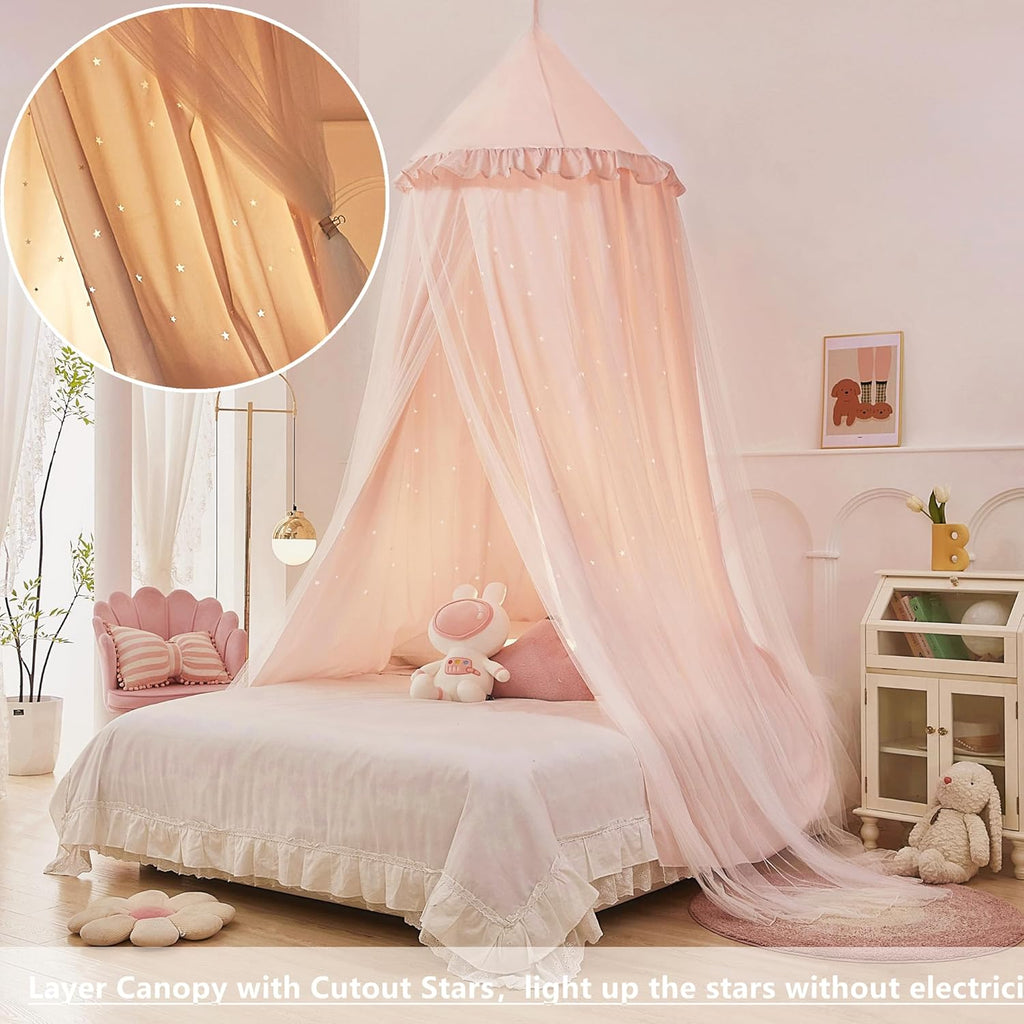 Eimilaly Princess Bed Canopy for Girls, Double Layer Canopy with Cutout Stars, Breathable Dream Canopy & Washable Pink Fabric, Fits Twin/Full Bed - Fairy Bed Tent for Kids Room Decor, Pink