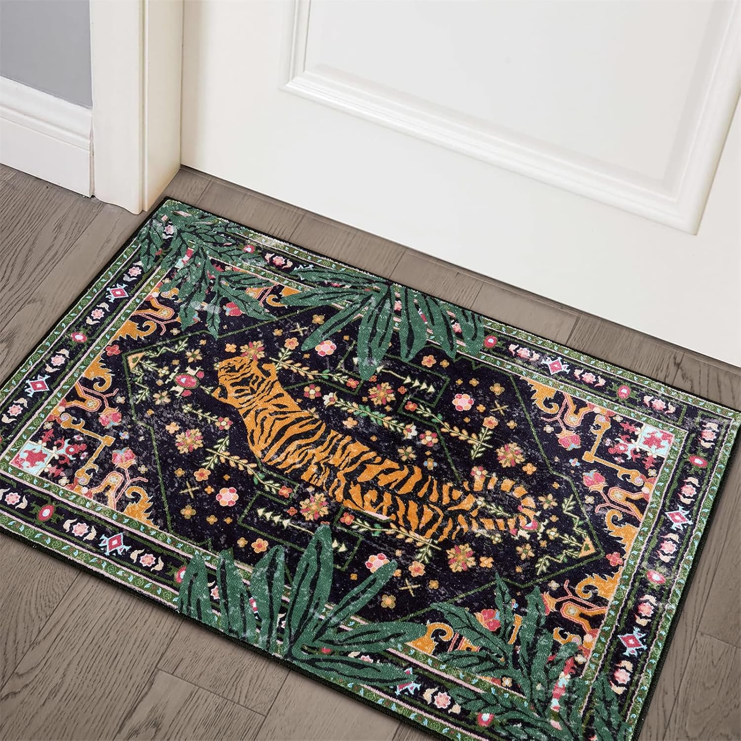 Oriental Tropical Washable Rugs, Thin Black Boho Vintage Distressed Hippie 4x6 Area Rugs for Living Room Bedroom Kitchen Entryway Dorm, Abstract Botanical Animal Tribal Indian Accent Carpet