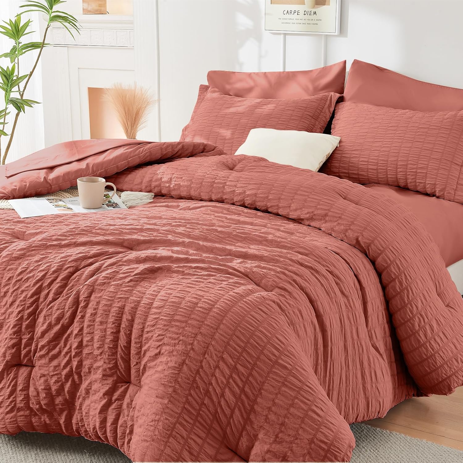 HYMOKEGE Queen Comforter Set Seersucker 7 Pieces, All Season Luxury Bed in a Bag for Bedroom, Bedding Set with Comforters, Sheets, Pillowcases & Shams, Dark Grey