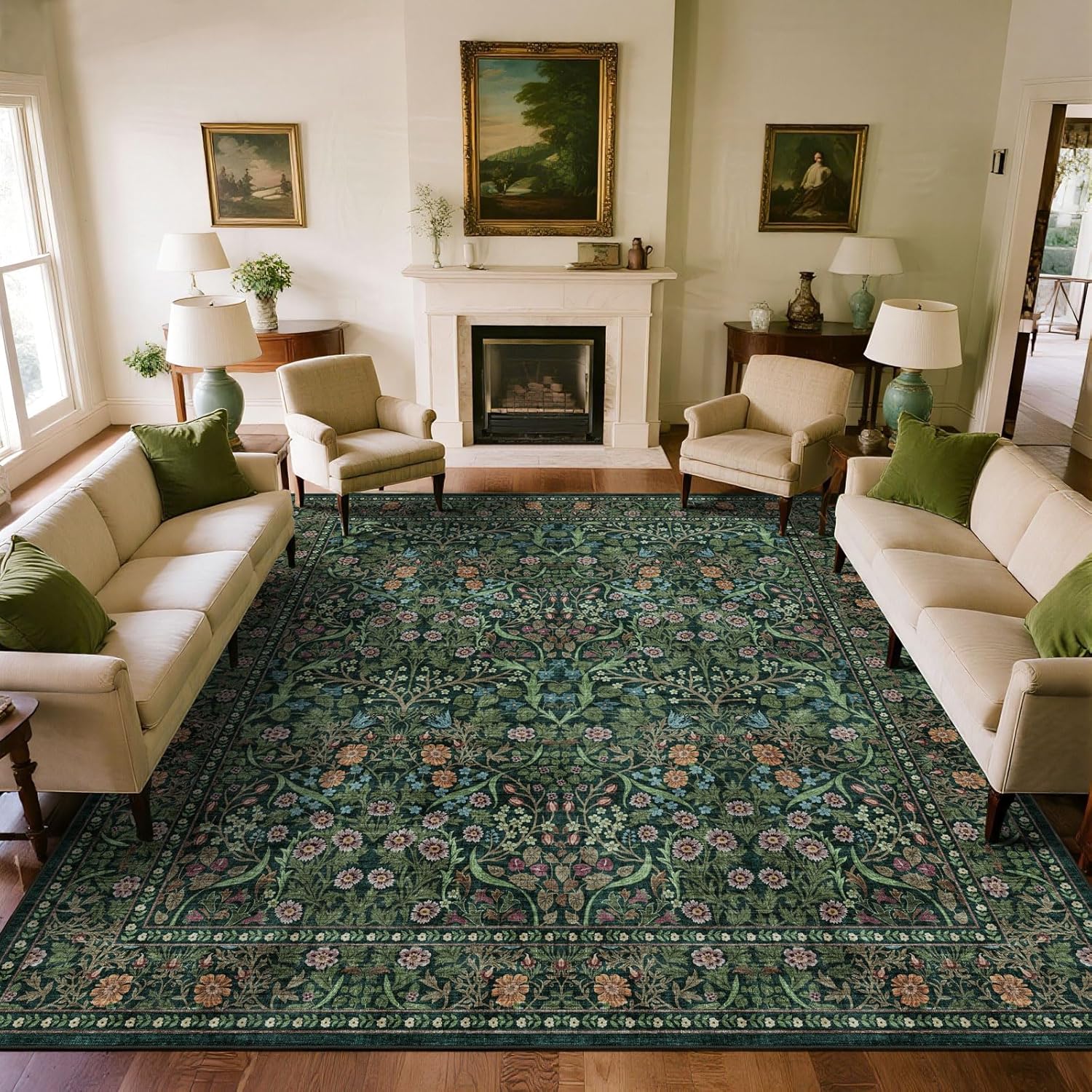 Floral 5x8 Living Room Area Rug - Sage Green Soft Washable Boho Rugs for Bedroom Aesthetic Stain Resistant Carpet Non Slip Modern Insect Print Rugs for Living Room Dining Room Kids Room Office