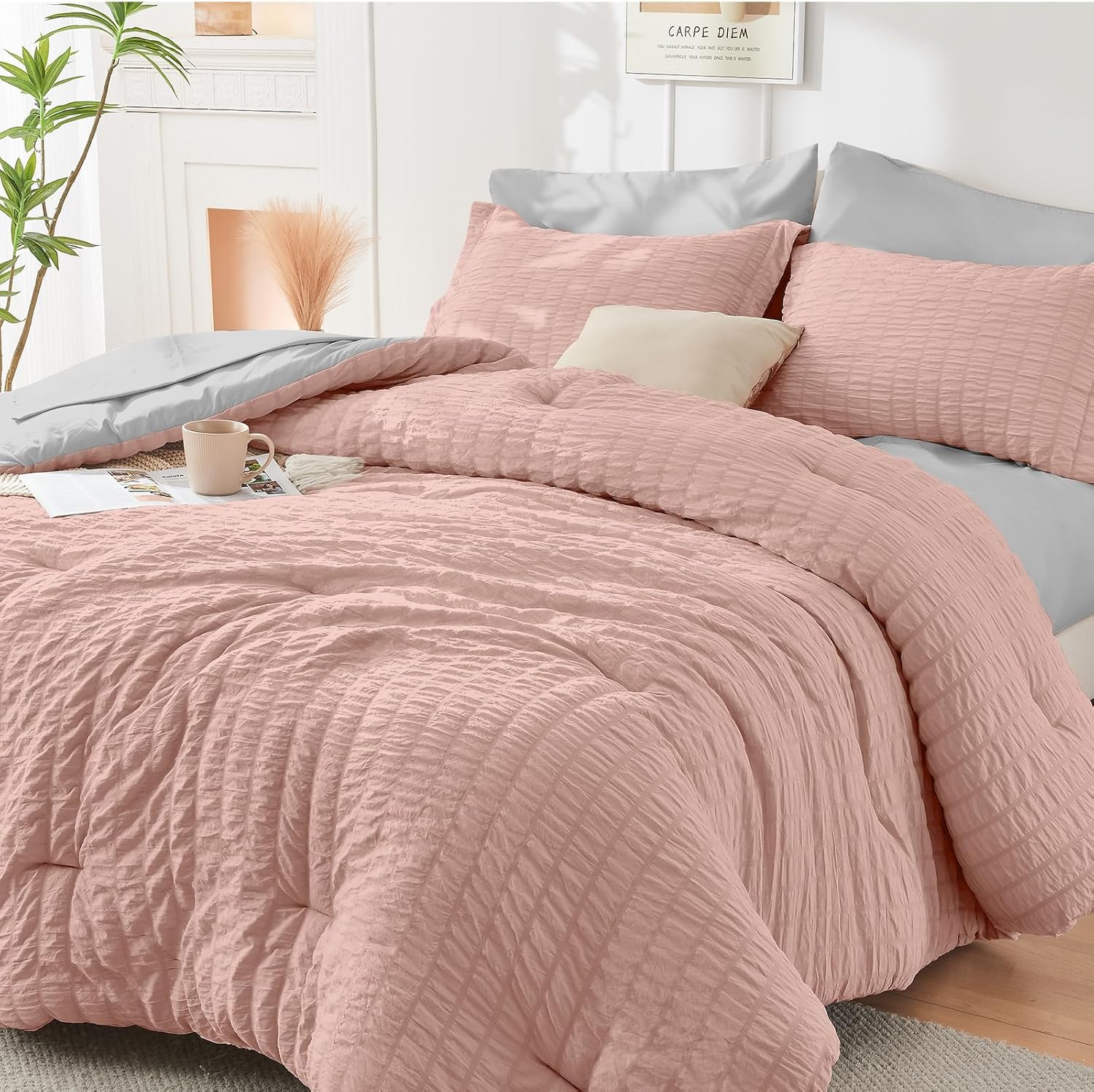 HYMOKEGE Queen Comforter Set Seersucker 7 Pieces, All Season Luxury Bed in a Bag for Bedroom, Bedding Set with Comforters, Sheets, Pillowcases & Shams, Dark Grey