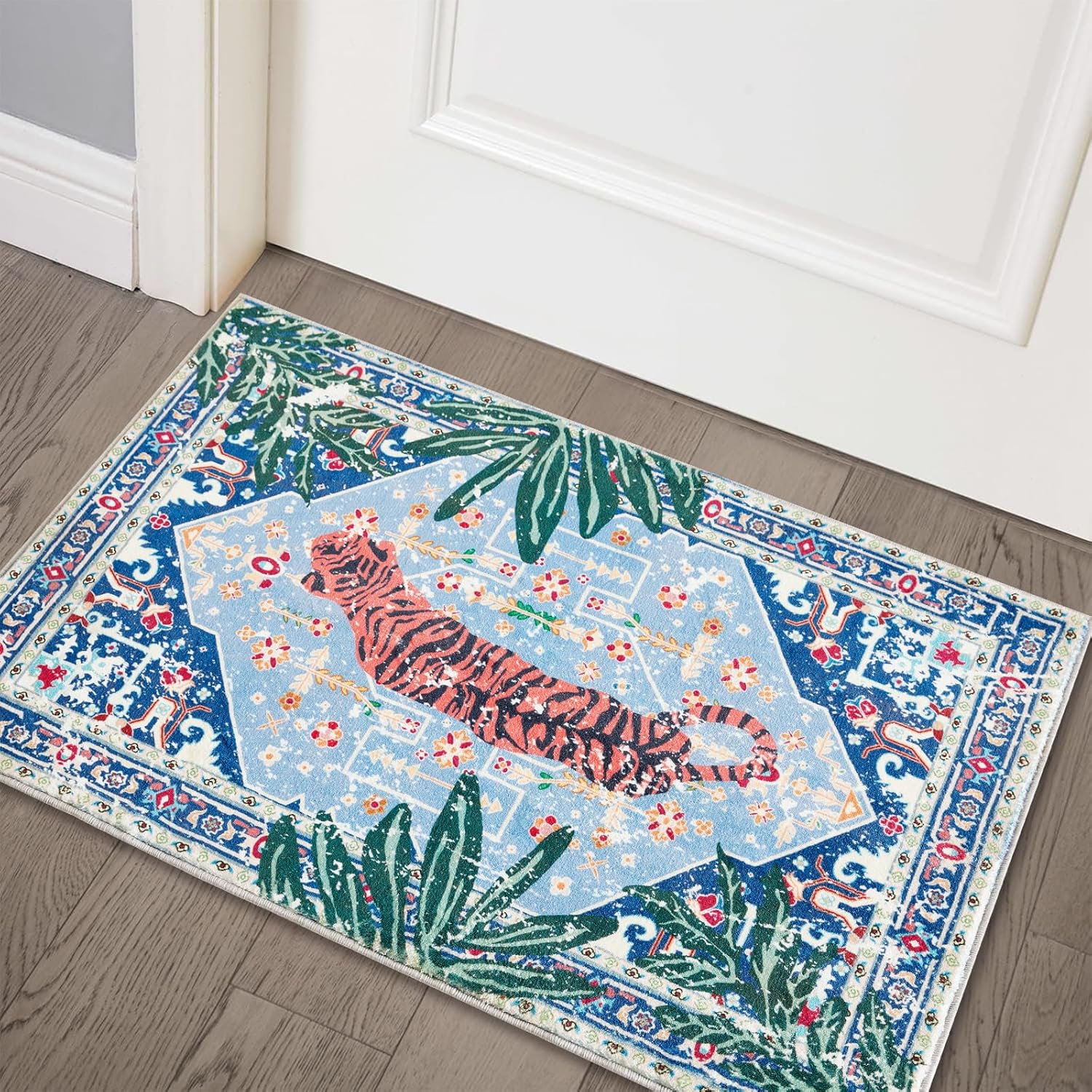 Oriental Tropical Washable Rugs, Thin Black Boho Vintage Distressed Hippie 4x6 Area Rugs for Living Room Bedroom Kitchen Entryway Dorm, Abstract Botanical Animal Tribal Indian Accent Carpet