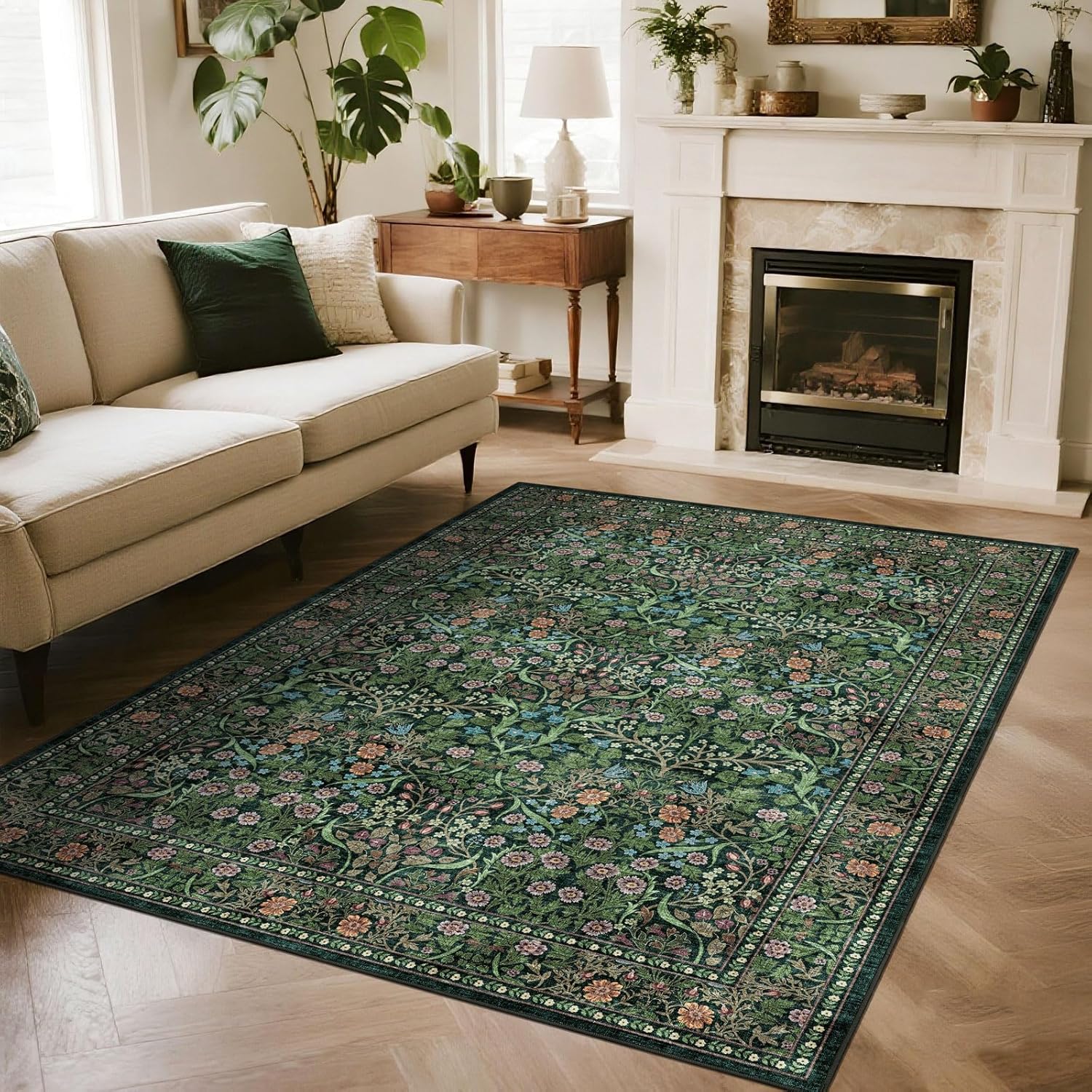 Floral 5x8 Living Room Area Rug - Sage Green Soft Washable Boho Rugs for Bedroom Aesthetic Stain Resistant Carpet Non Slip Modern Insect Print Rugs for Living Room Dining Room Kids Room Office