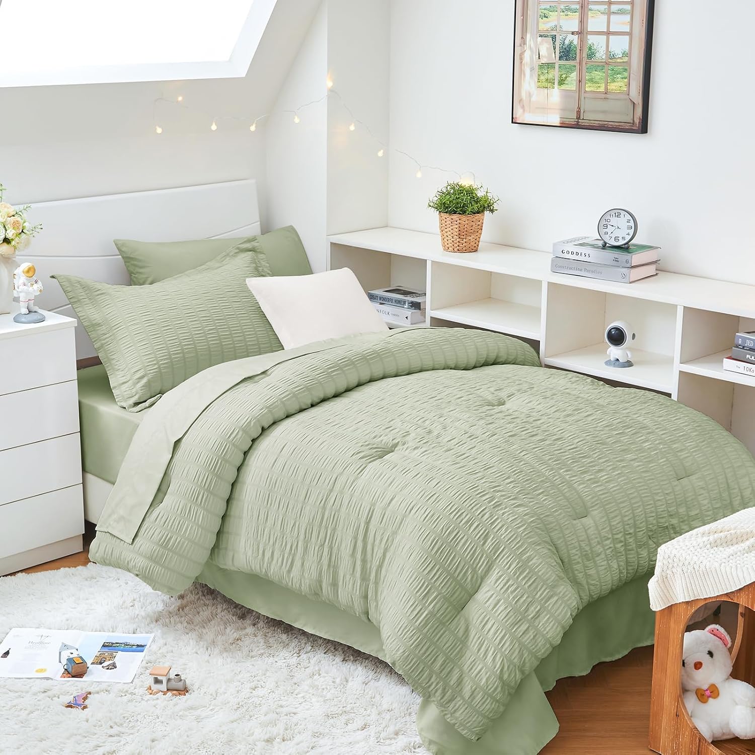 HYMOKEGE Queen Comforter Set Seersucker 7 Pieces, All Season Luxury Bed in a Bag for Bedroom, Bedding Set with Comforters, Sheets, Pillowcases & Shams, Dark Grey