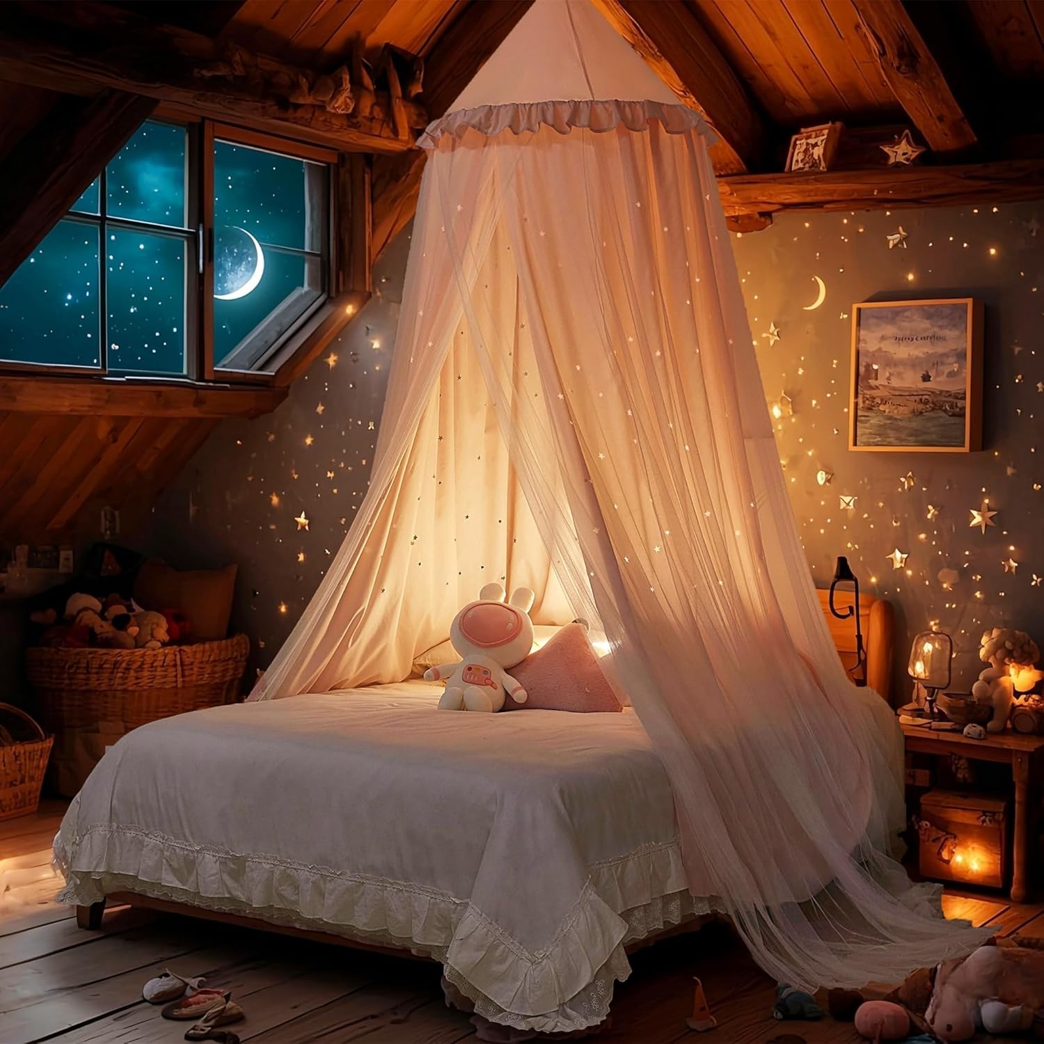 Eimilaly Princess Bed Canopy for Girls, Double Layer Canopy with Cutout Stars, Breathable Dream Canopy & Washable Pink Fabric, Fits Twin/Full Bed - Fairy Bed Tent for Kids Room Decor, Pink