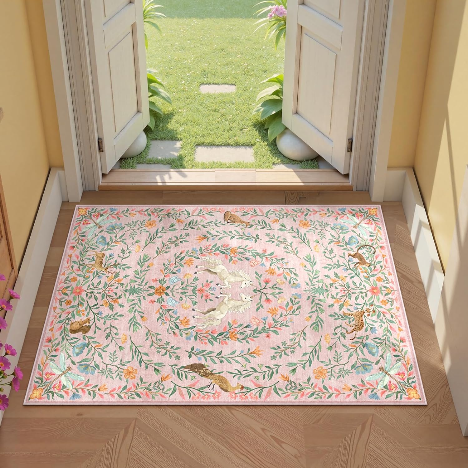 Machine Washable 5x7 Area Rugs for Living Room, Non Slip Soft Low Pile Unicorn Floral Farmhouse Moroccan Vintage Animal Playroom Girls Rugs for Bedroom, Carpet Rugs for Nurseries(Forest Green5'x7')