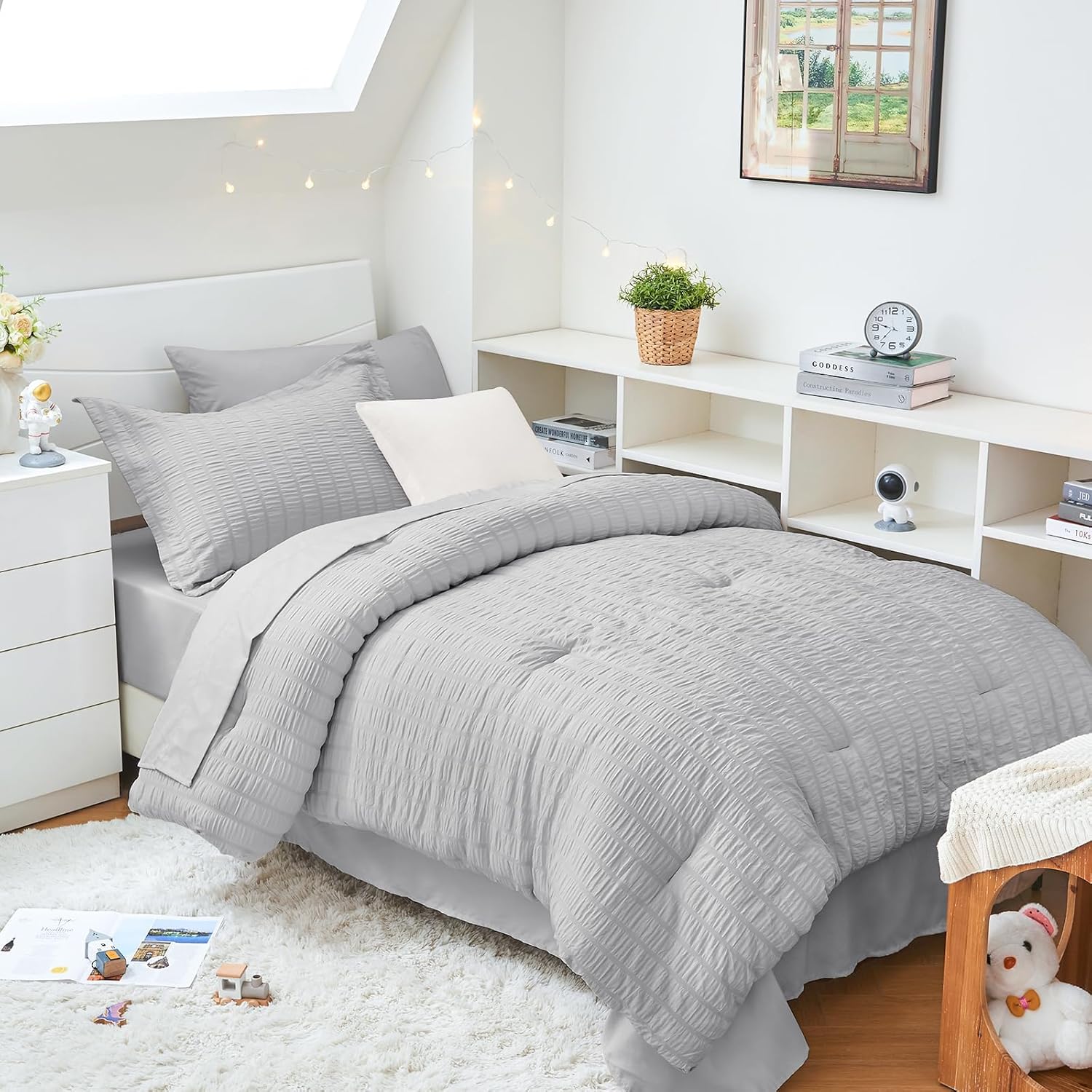 HYMOKEGE Queen Comforter Set Seersucker 7 Pieces, All Season Luxury Bed in a Bag for Bedroom, Bedding Set with Comforters, Sheets, Pillowcases & Shams, Dark Grey