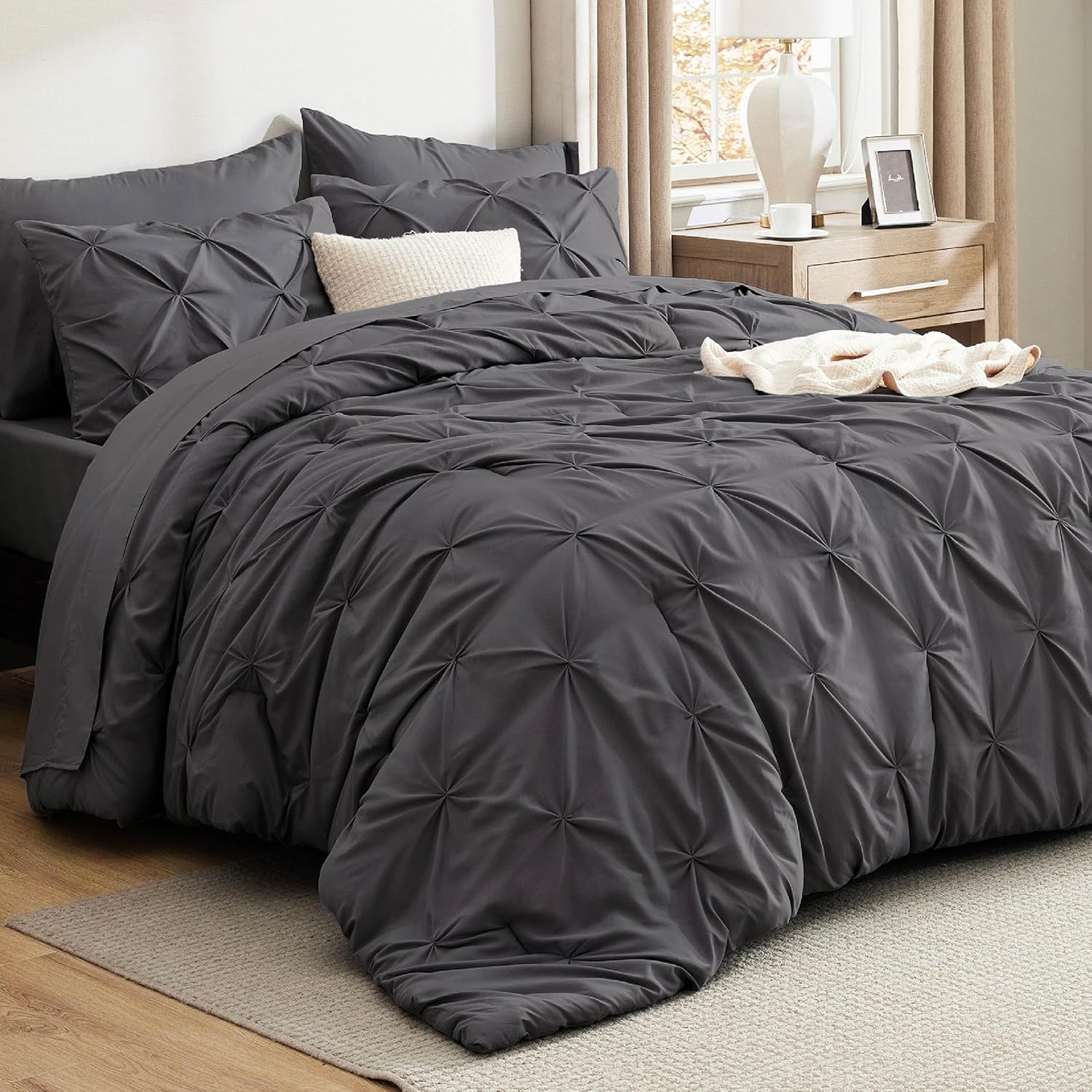 Bedsure King Size Comforter Set - Bedding Sets King 7 Pieces, Pintuck Bed in a Bag Grey Bed Set with Comforter, Sheets, Pillowcases & Shams
