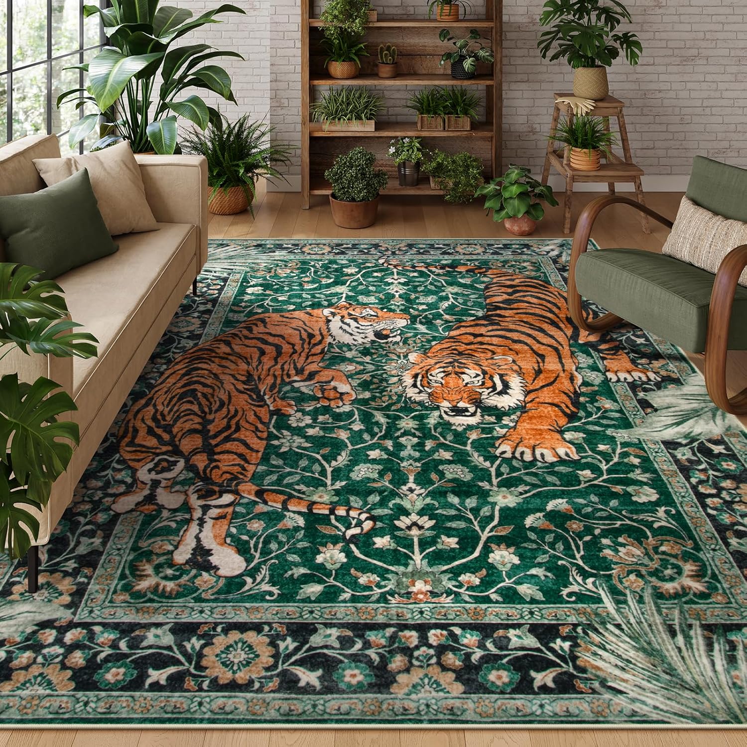 Moynesa Tiger 5x7 Area Rugs, Boho Washable Rugs for Living Room, Vintage Soft Dining Room Rug, Non Slip Ultra Thin Stain Resistant Large Floor Carpet for Office Bedroom, Camel
