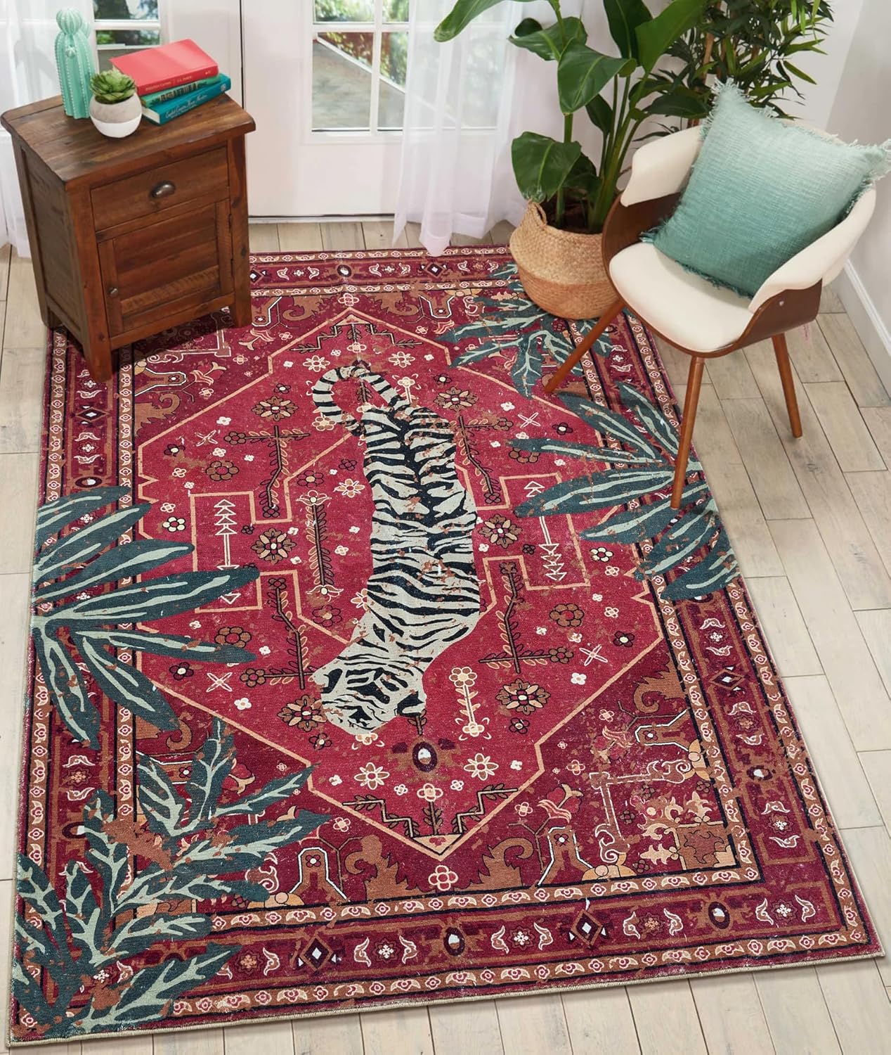 Oriental Tropical Washable Rugs, Thin Black Boho Vintage Distressed Hippie 4x6 Area Rugs for Living Room Bedroom Kitchen Entryway Dorm, Abstract Botanical Animal Tribal Indian Accent Carpet