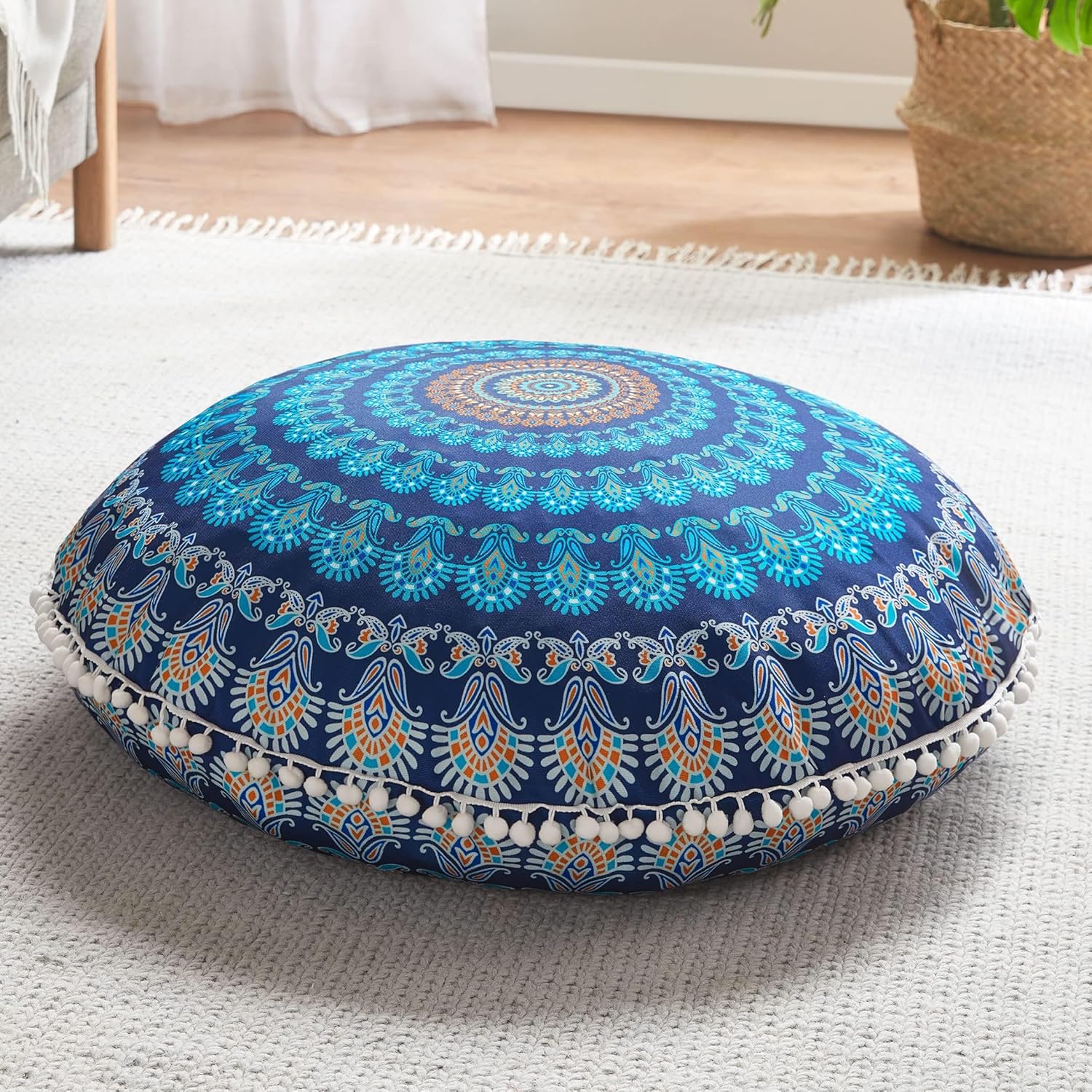 Codi Meditation Floor Pillow Set of 2, Round Large Pillows Seating for Adults, Bohemian Mandala Circle Cushion for Outdoor Fireplace Yoga Living Room, 32 Inch, Memory Foam Added, Navy