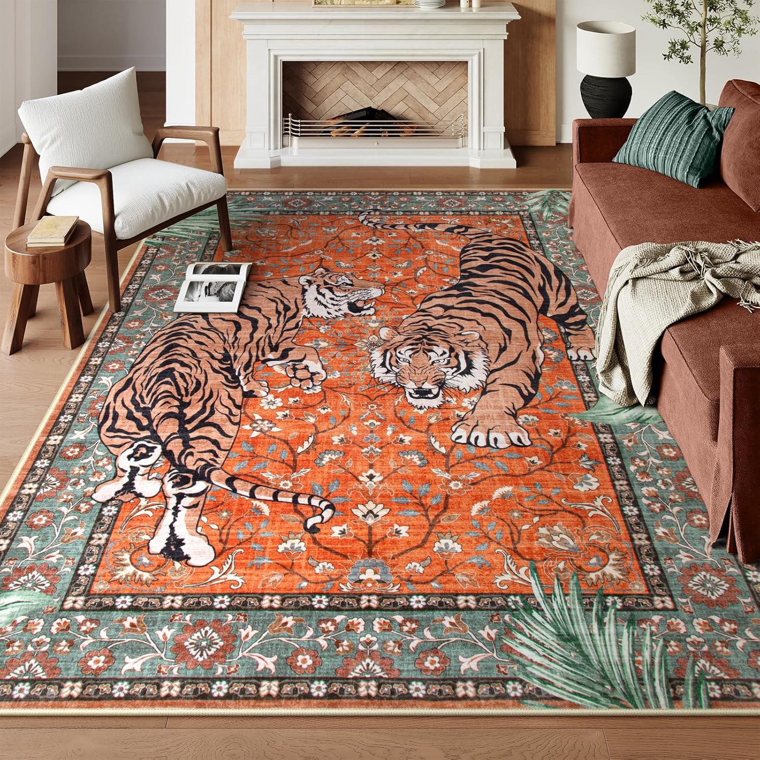 Moynesa Tiger 5x7 Area Rugs, Boho Washable Rugs for Living Room, Vintage Soft Dining Room Rug, Non Slip Ultra Thin Stain Resistant Large Floor Carpet for Office Bedroom, Camel