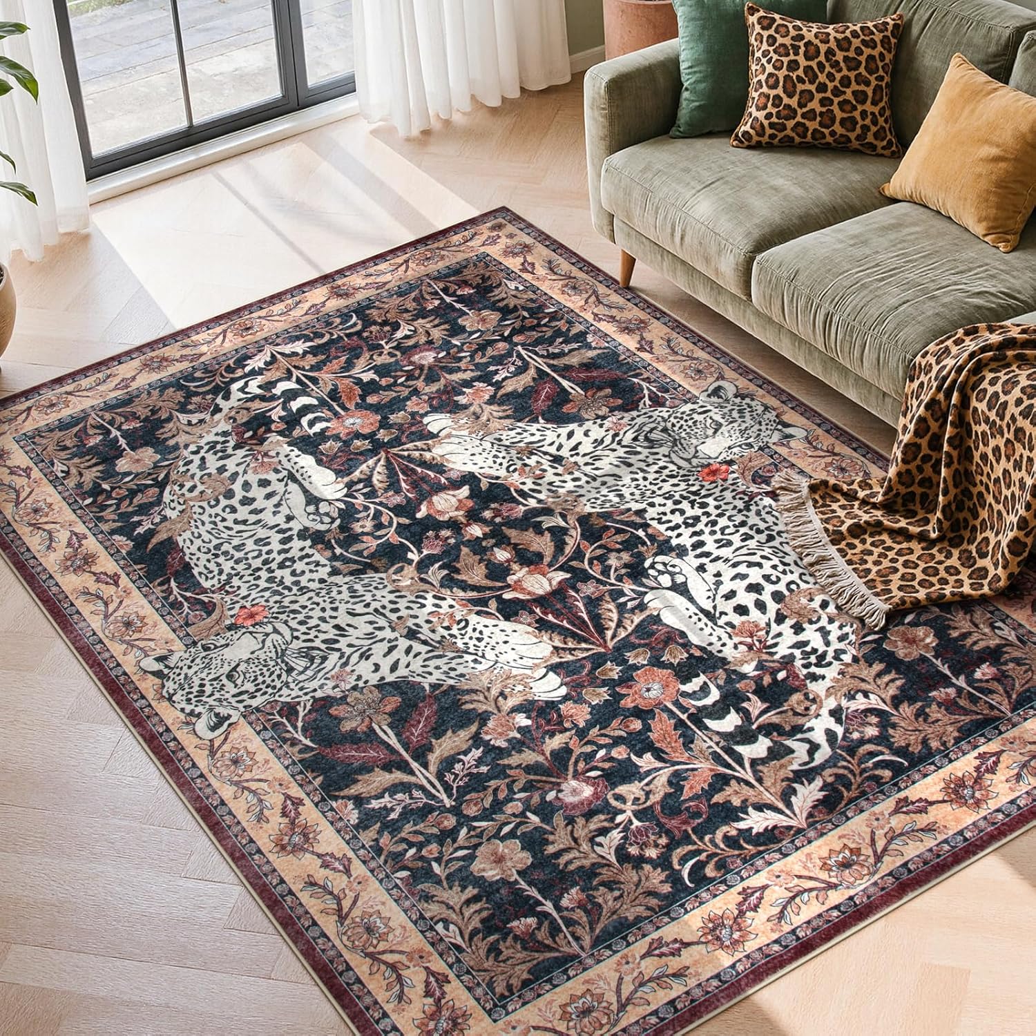 Moynesa Tiger 5x7 Area Rugs, Boho Washable Rugs for Living Room, Vintage Soft Dining Room Rug, Non Slip Ultra Thin Stain Resistant Large Floor Carpet for Office Bedroom, Camel