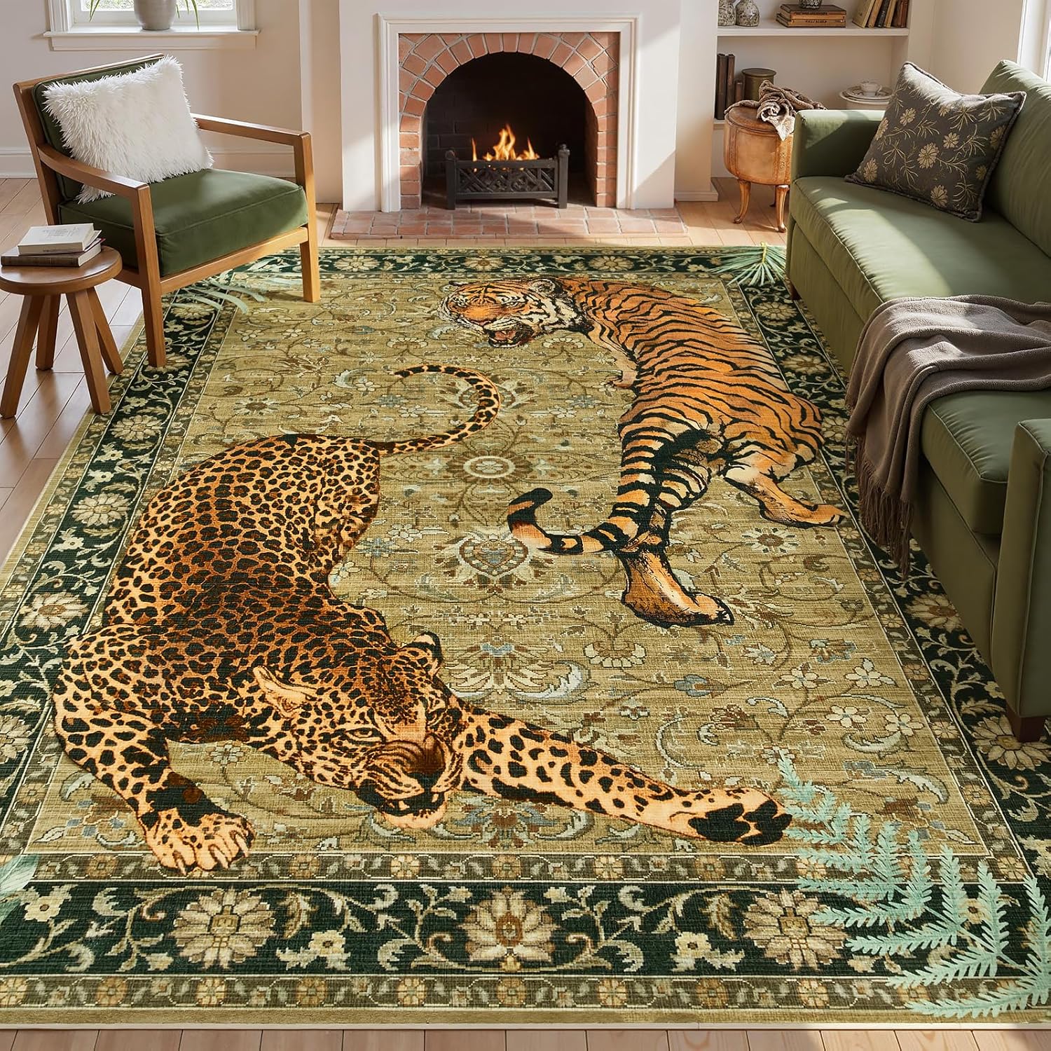 Joydeco Tiger Print Washable 8x10 Rugs for Living Room, Boho Green Cheetah Area Rugs for Bedroom Aesthetic, Large Vintage Non Slip Throw Floor Carpet for Dining Room Office Playroom Dorm