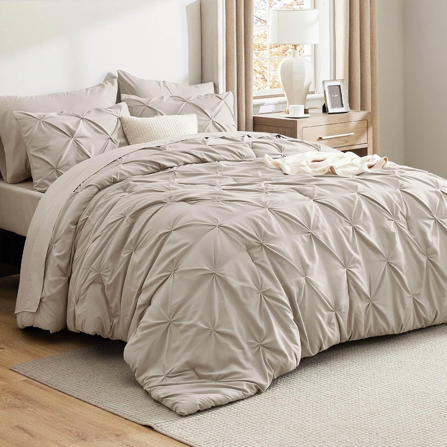 Bedsure King Size Comforter Set - Bedding Sets King 7 Pieces, Pintuck Bed in a Bag Grey Bed Set with Comforter, Sheets, Pillowcases & Shams