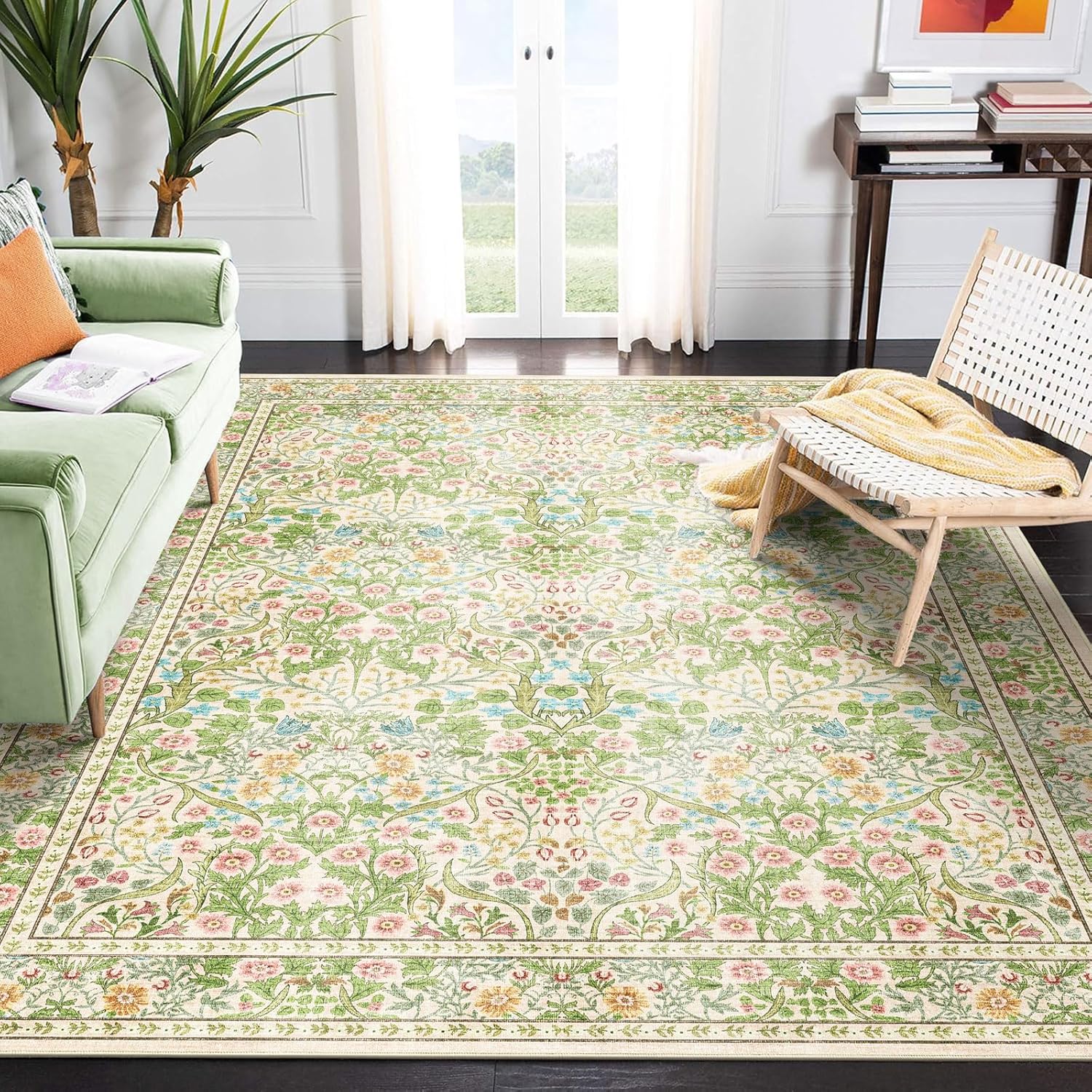 Floral 5x8 Living Room Area Rug - Sage Green Soft Washable Boho Rugs for Bedroom Aesthetic Stain Resistant Carpet Non Slip Modern Insect Print Rugs for Living Room Dining Room Kids Room Office