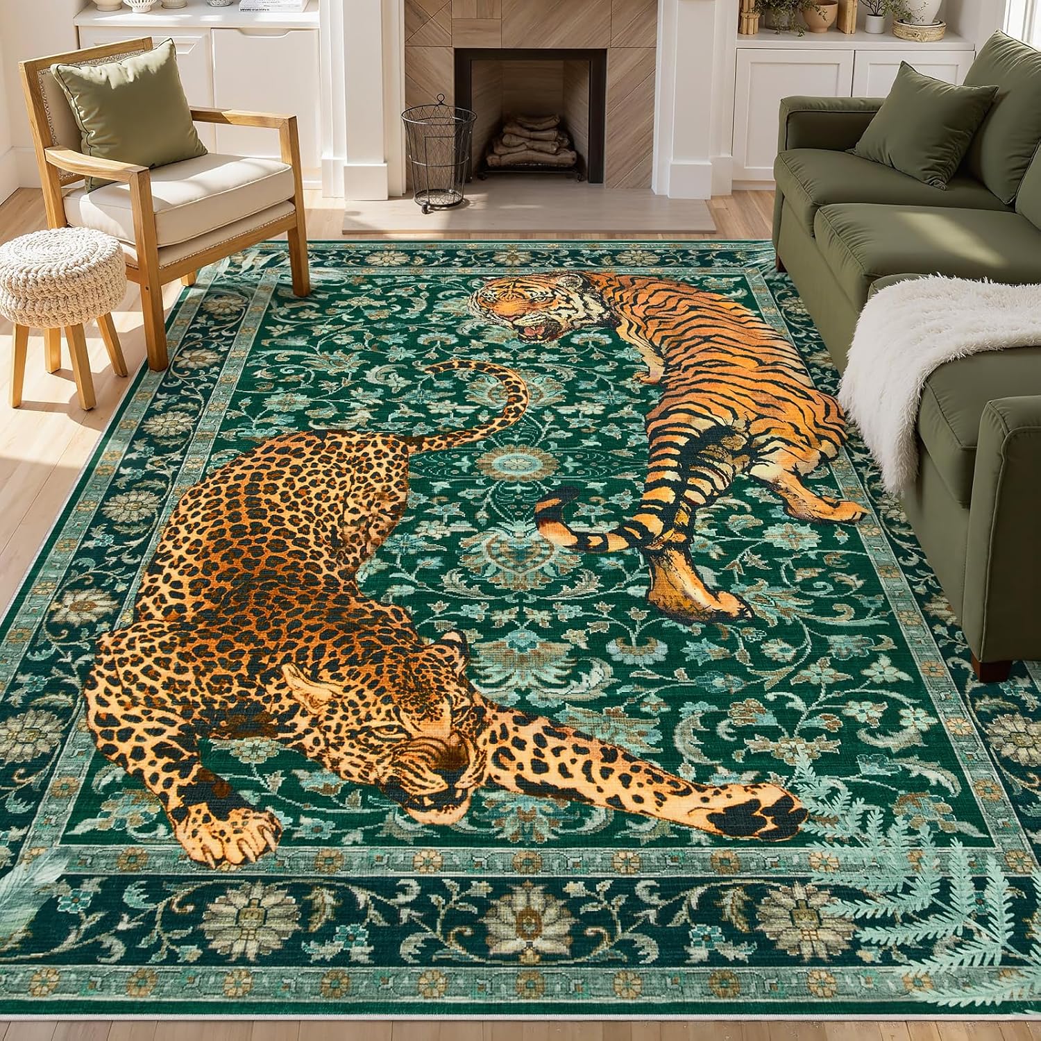 Joydeco Tiger Print Washable 8x10 Rugs for Living Room, Boho Green Cheetah Area Rugs for Bedroom Aesthetic, Large Vintage Non Slip Throw Floor Carpet for Dining Room Office Playroom Dorm