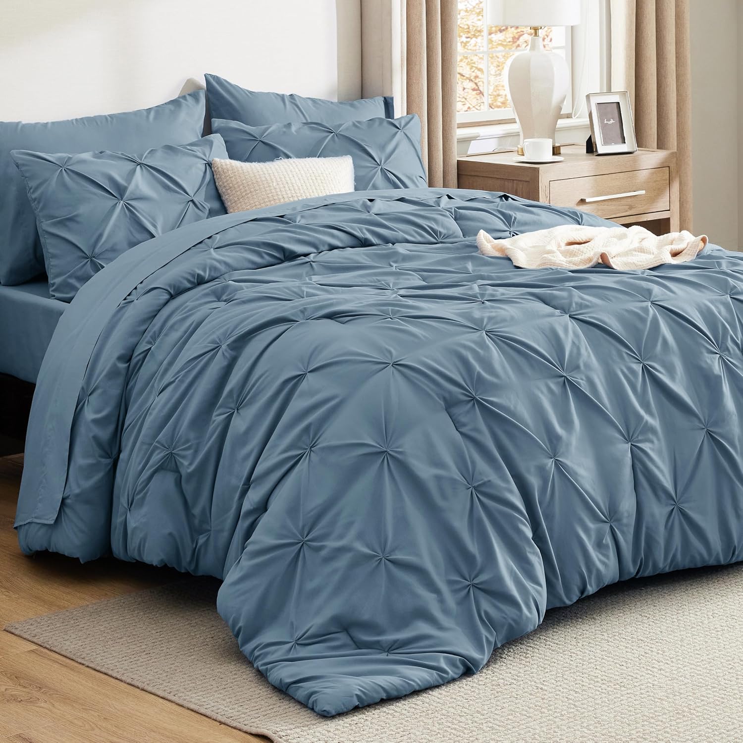 Bedsure King Size Comforter Set - Bedding Sets King 7 Pieces, Pintuck Bed in a Bag Grey Bed Set with Comforter, Sheets, Pillowcases & Shams