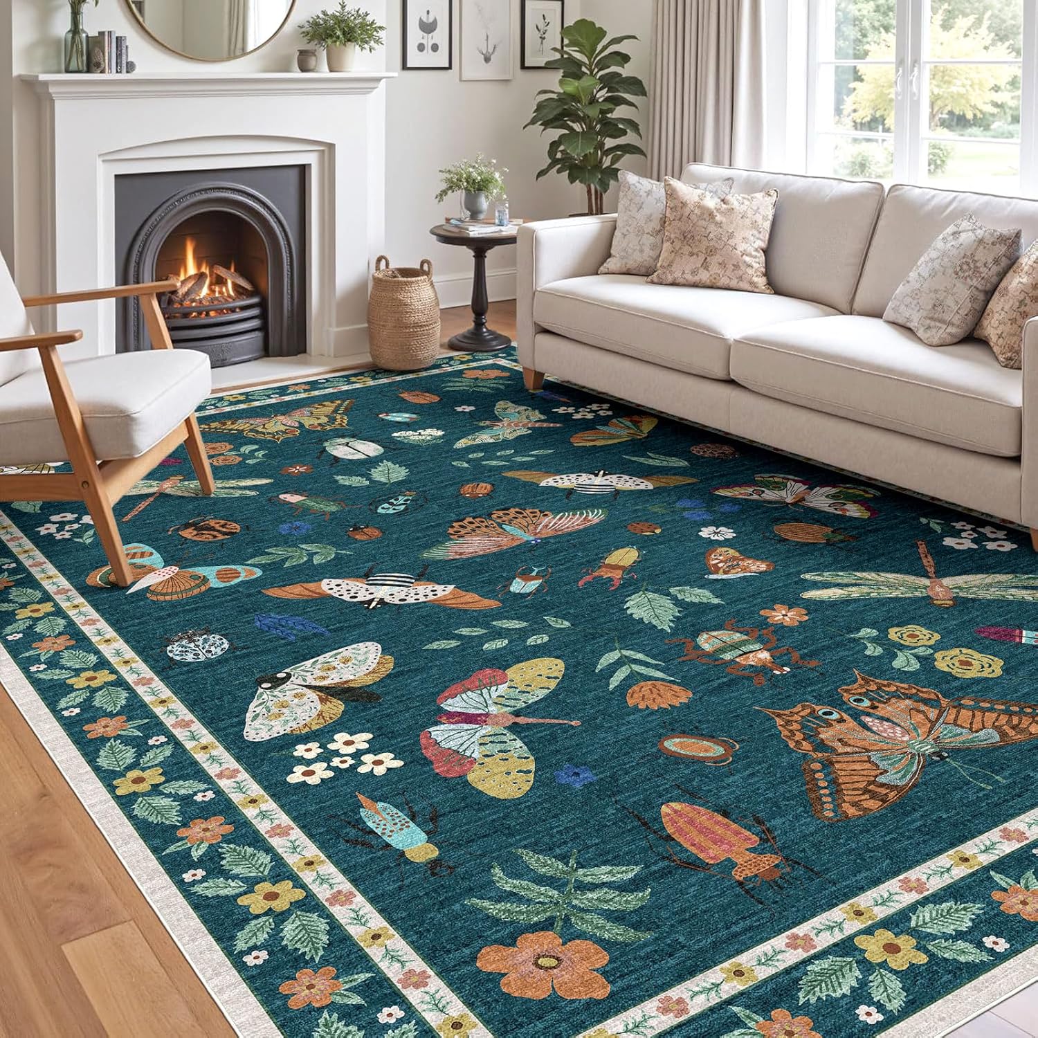 Floral 5x8 Living Room Area Rug - Sage Green Soft Washable Boho Rugs for Bedroom Aesthetic Stain Resistant Carpet Non Slip Modern Insect Print Rugs for Living Room Dining Room Kids Room Office