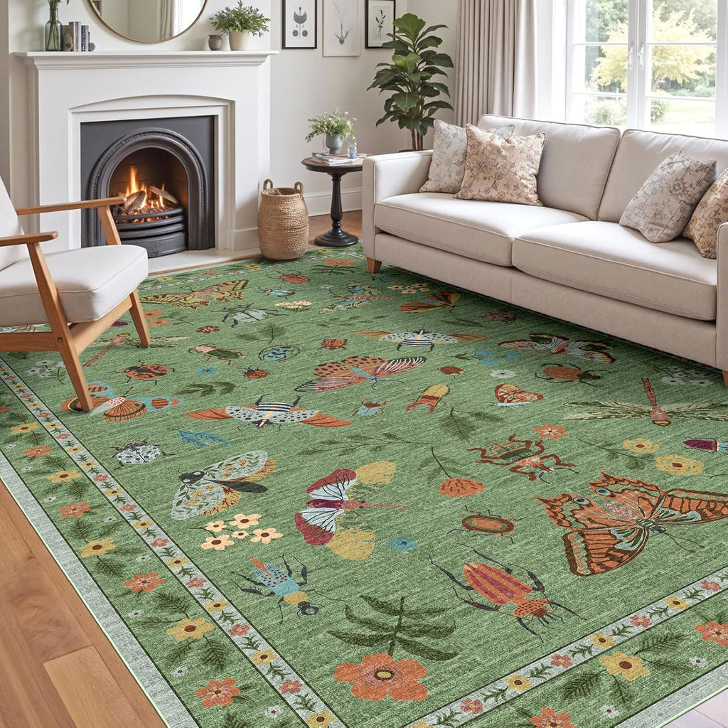 Floral 5x8 Living Room Area Rug - Sage Green Soft Washable Boho Rugs for Bedroom Aesthetic Stain Resistant Carpet Non Slip Modern Insect Print Rugs for Living Room Dining Room Kids Room Office
