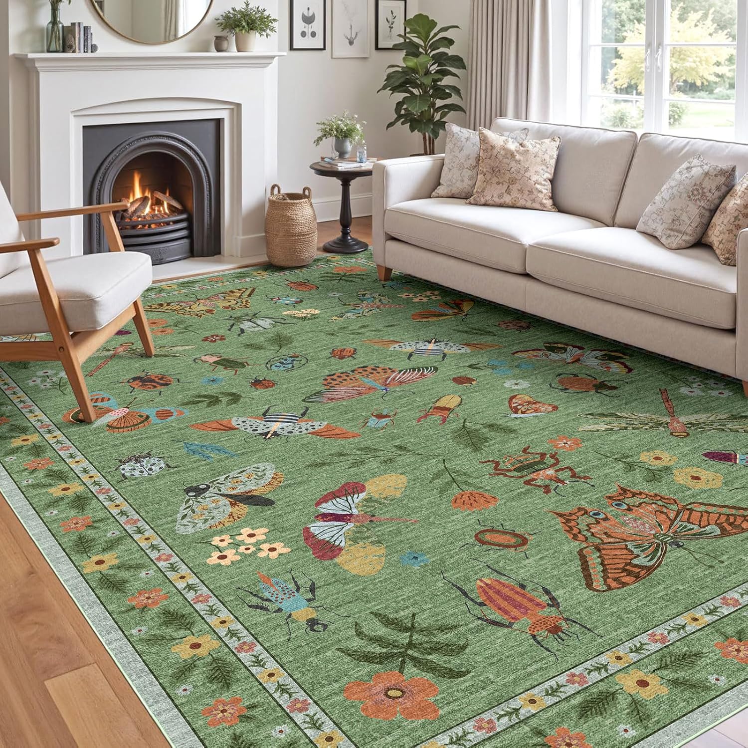 Floral 5x8 Living Room Area Rug - Sage Green Soft Washable Boho Rugs for Bedroom Aesthetic Stain Resistant Carpet Non Slip Modern Insect Print Rugs for Living Room Dining Room Kids Room Office