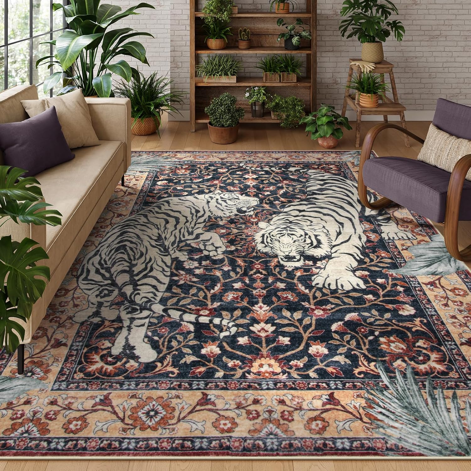 Moynesa Tiger 5x7 Area Rugs, Boho Washable Rugs for Living Room, Vintage Soft Dining Room Rug, Non Slip Ultra Thin Stain Resistant Large Floor Carpet for Office Bedroom, Camel