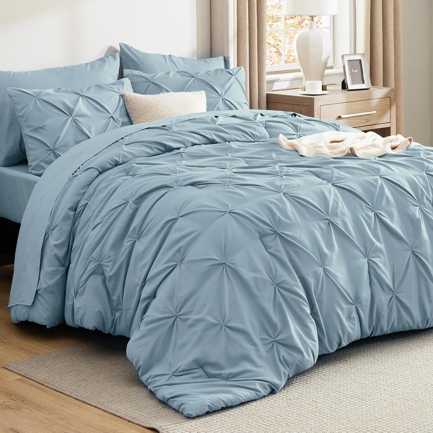 Bedsure King Size Comforter Set - Bedding Sets King 7 Pieces, Pintuck Bed in a Bag Grey Bed Set with Comforter, Sheets, Pillowcases & Shams