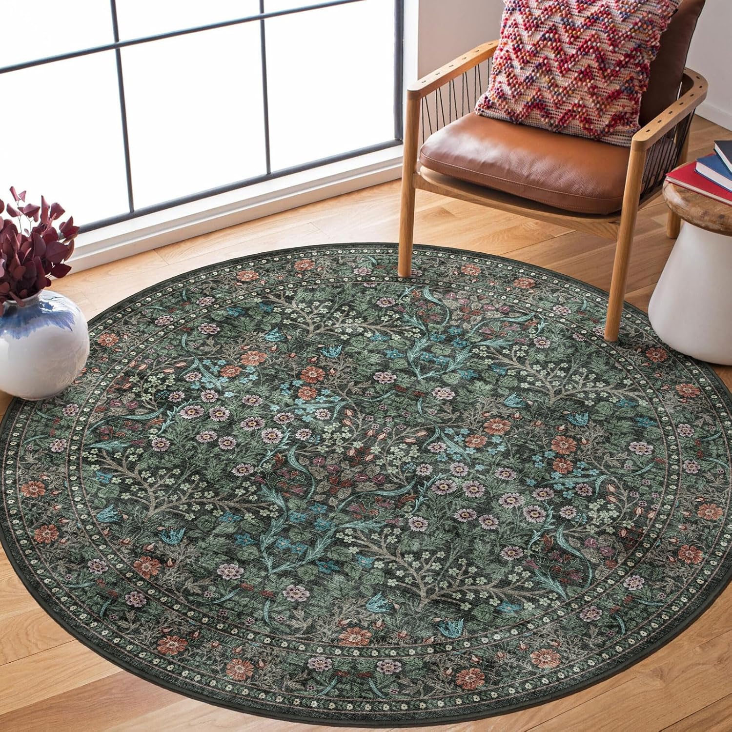 Floral 5x8 Living Room Area Rug - Sage Green Soft Washable Boho Rugs for Bedroom Aesthetic Stain Resistant Carpet Non Slip Modern Insect Print Rugs for Living Room Dining Room Kids Room Office