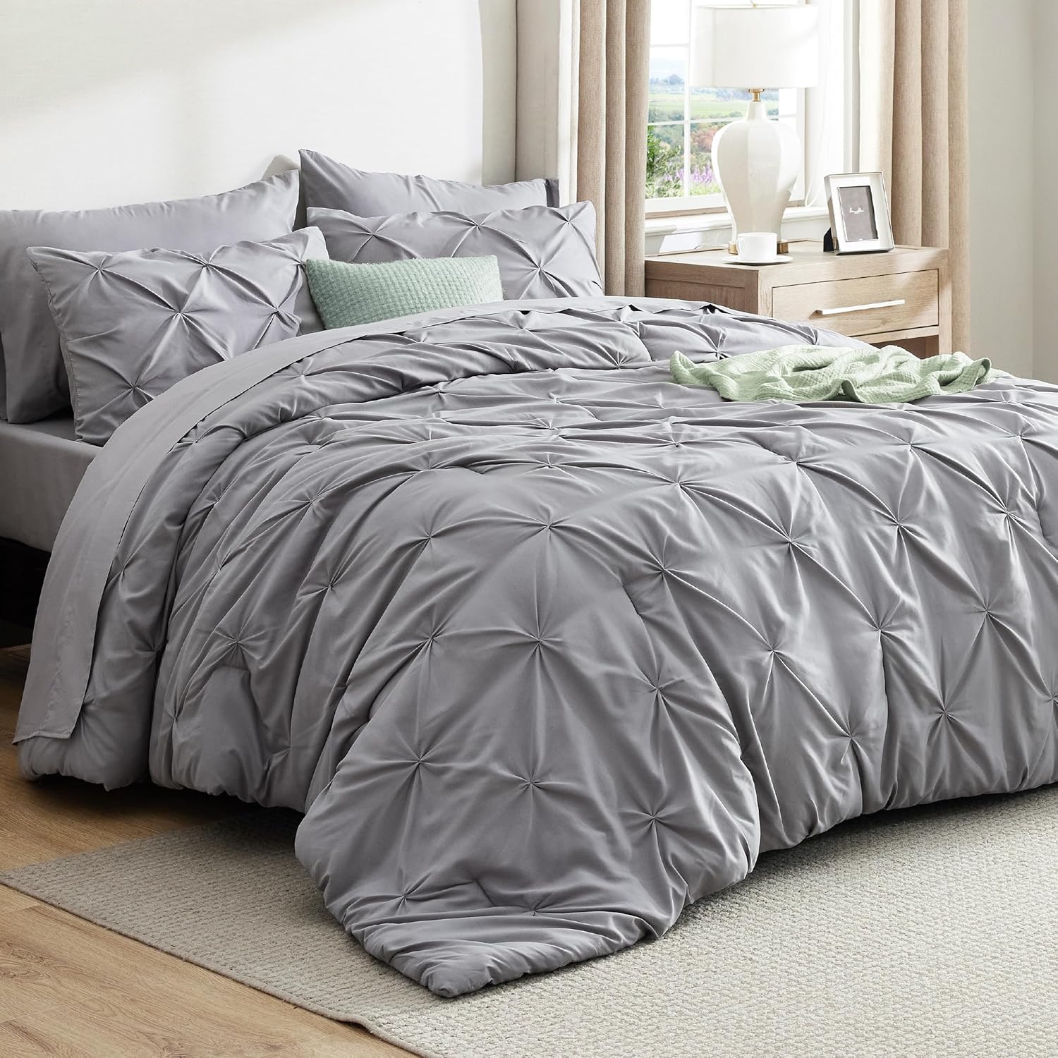 Bedsure King Size Comforter Set - Bedding Sets King 7 Pieces, Pintuck Bed in a Bag Grey Bed Set with Comforter, Sheets, Pillowcases & Shams