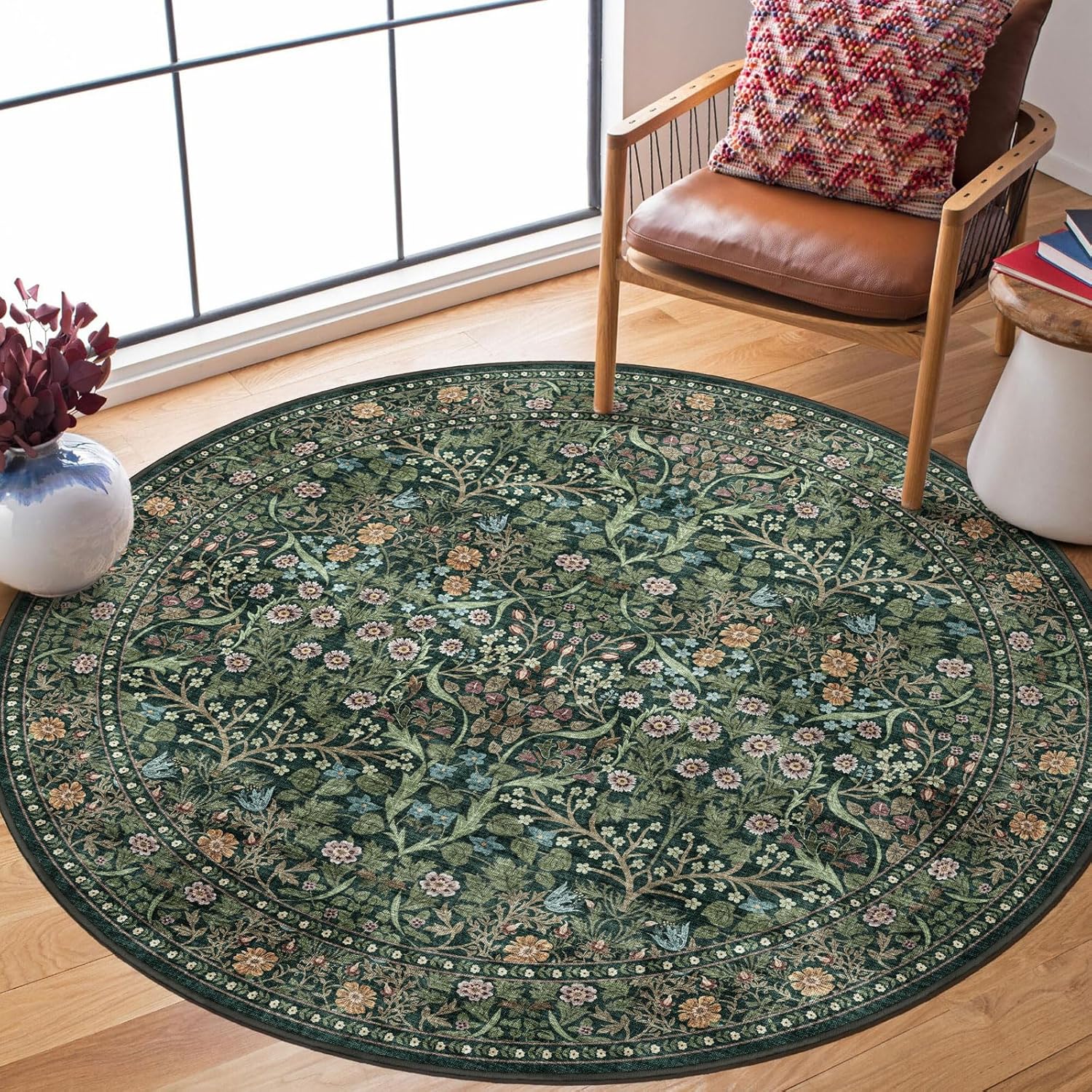 Floral 5x8 Living Room Area Rug - Sage Green Soft Washable Boho Rugs for Bedroom Aesthetic Stain Resistant Carpet Non Slip Modern Insect Print Rugs for Living Room Dining Room Kids Room Office