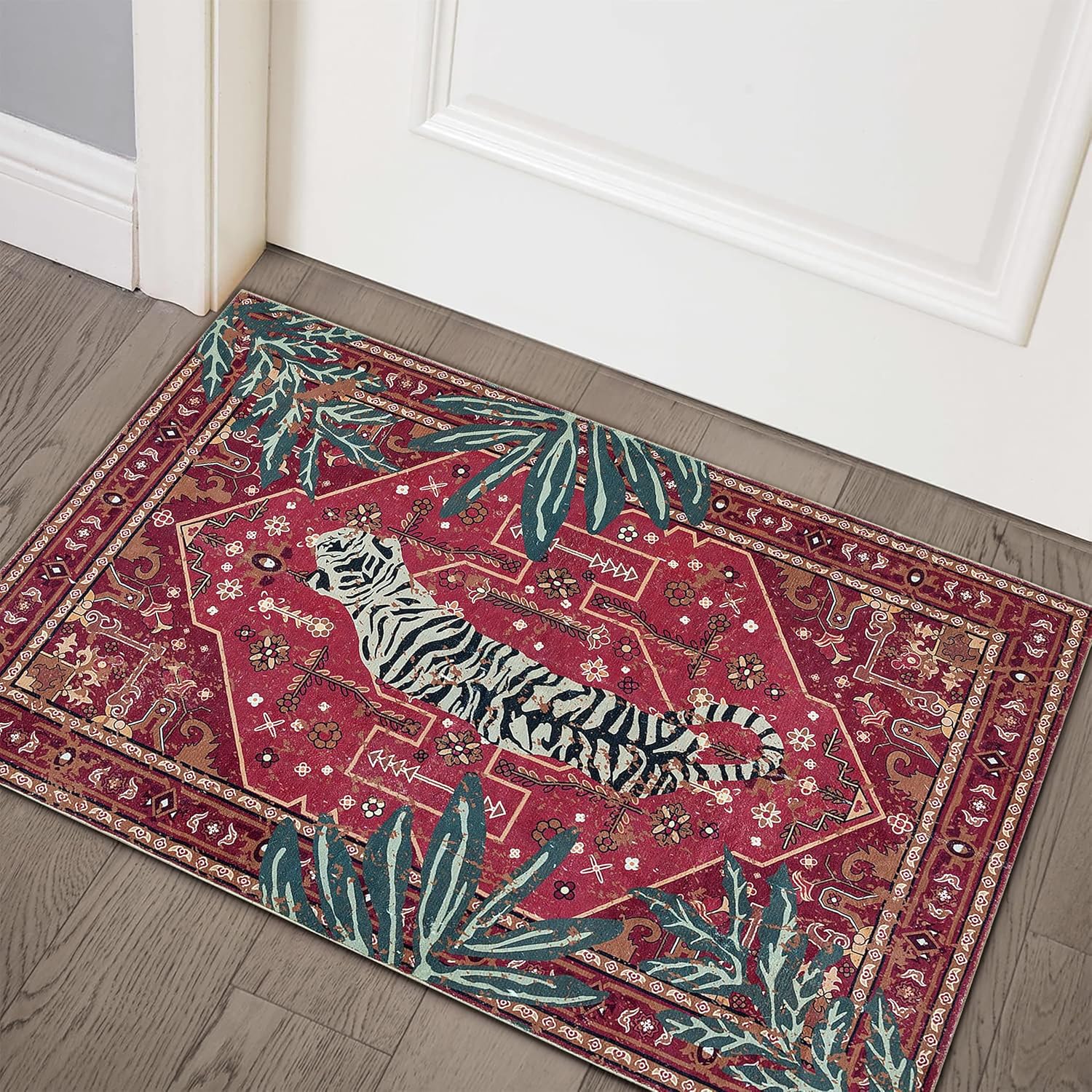 Oriental Tropical Washable Rugs, Thin Black Boho Vintage Distressed Hippie 4x6 Area Rugs for Living Room Bedroom Kitchen Entryway Dorm, Abstract Botanical Animal Tribal Indian Accent Carpet