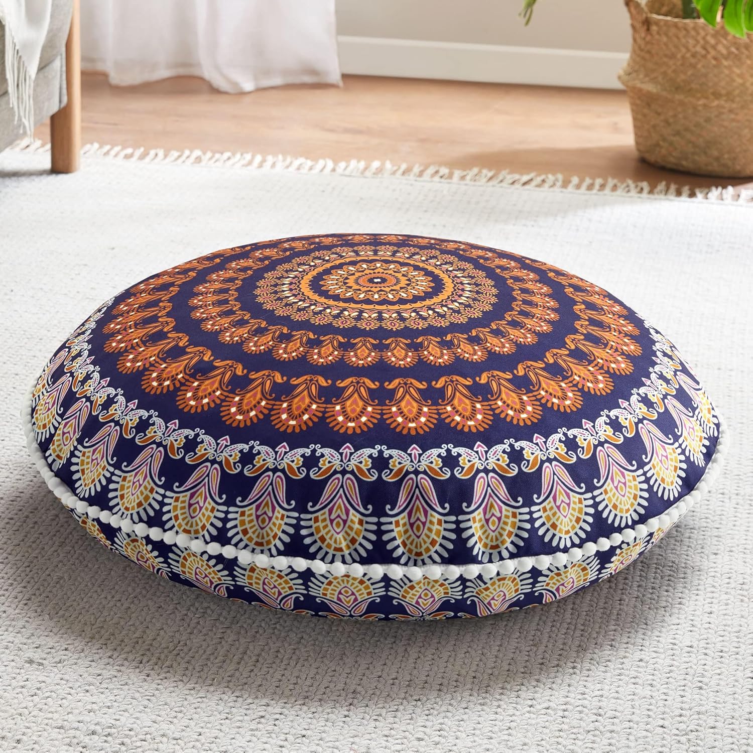 Codi Meditation Floor Pillow Set of 2, Round Large Pillows Seating for Adults, Bohemian Mandala Circle Cushion for Outdoor Fireplace Yoga Living Room, 32 Inch, Memory Foam Added, Navy