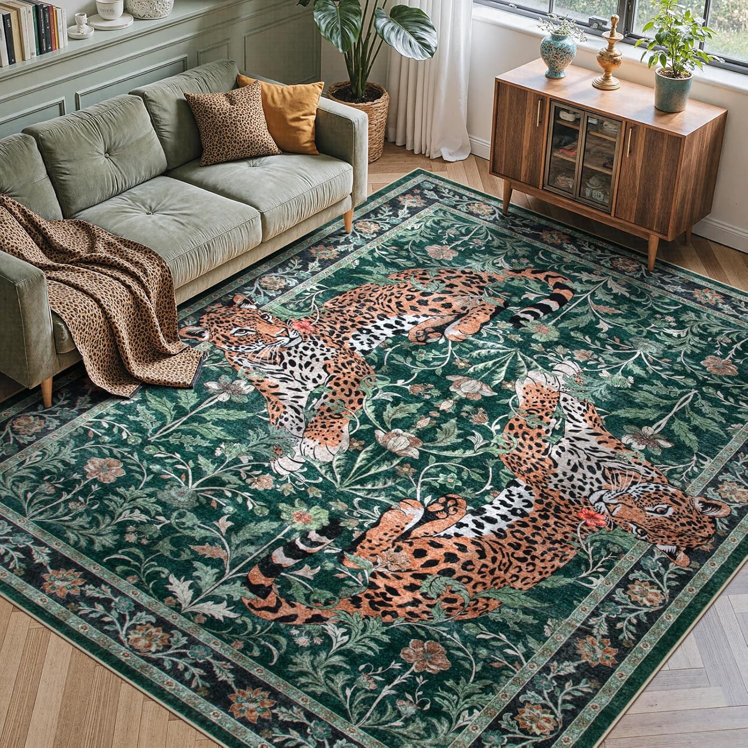 Moynesa Tiger 5x7 Area Rugs, Boho Washable Rugs for Living Room, Vintage Soft Dining Room Rug, Non Slip Ultra Thin Stain Resistant Large Floor Carpet for Office Bedroom, Camel